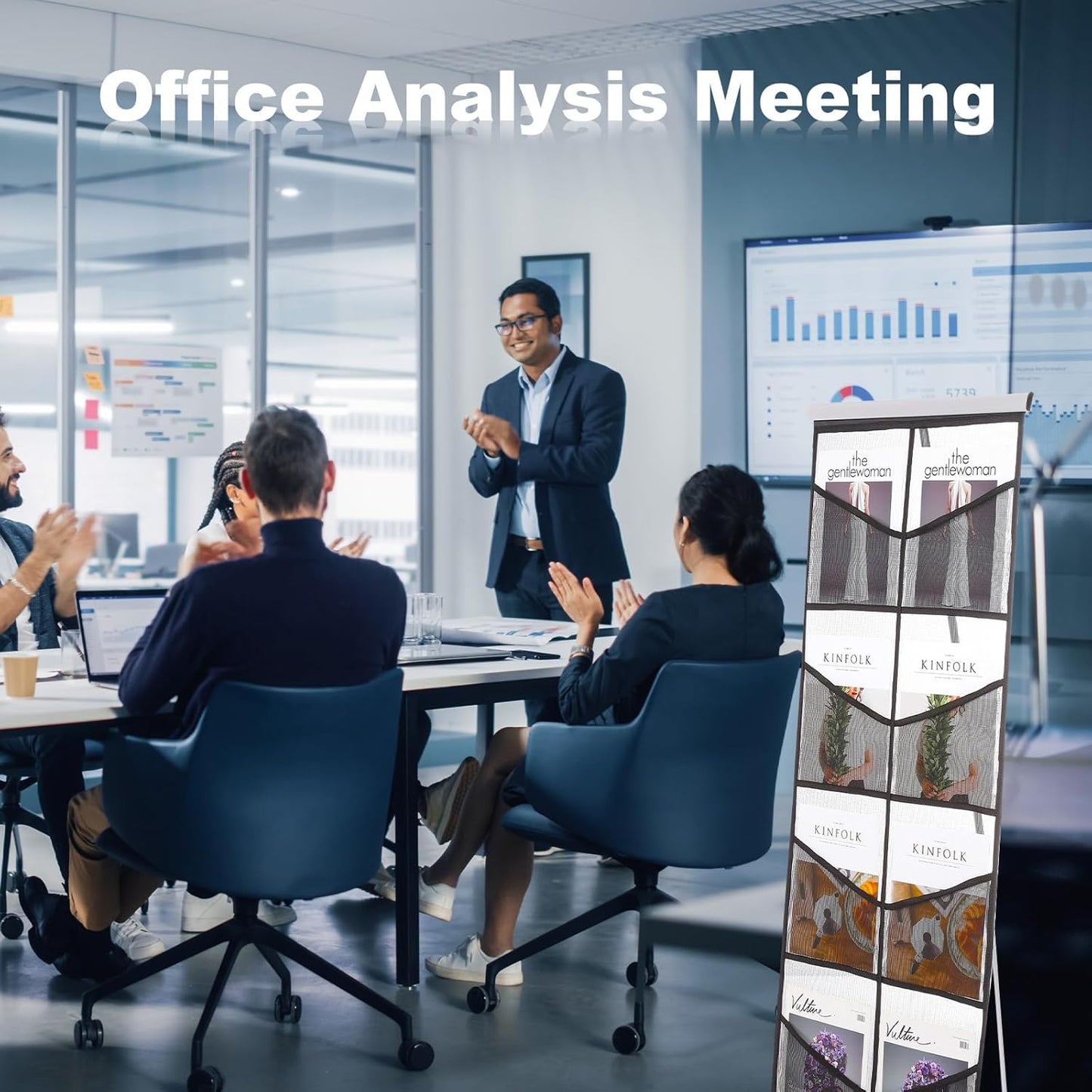 PATIKIL Portable Magazine Display Racks Floor Standing Double A4 8 Mesh Pockets Brochure Stand Catalog Literature Holder for Hotel, Exhibition, Office, Black