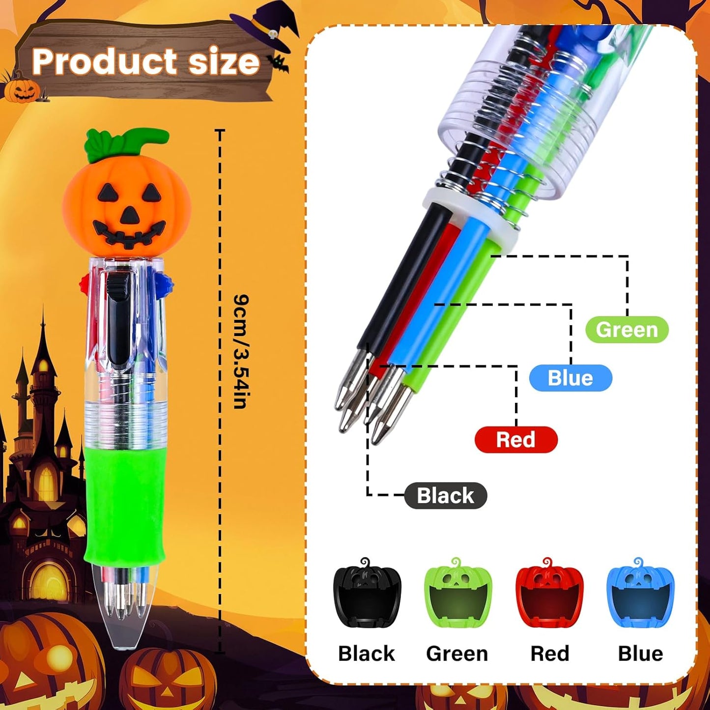 LiYiQ 100 Pcs Halloween Colorful Multicolor Pen in One Cartoon Cute Fun 4-in-1 Cute Pens Bulk Kawaii Pumpkin Ghost Bat Shape Cool Ballpoint Pens for Kids Fun Gifts