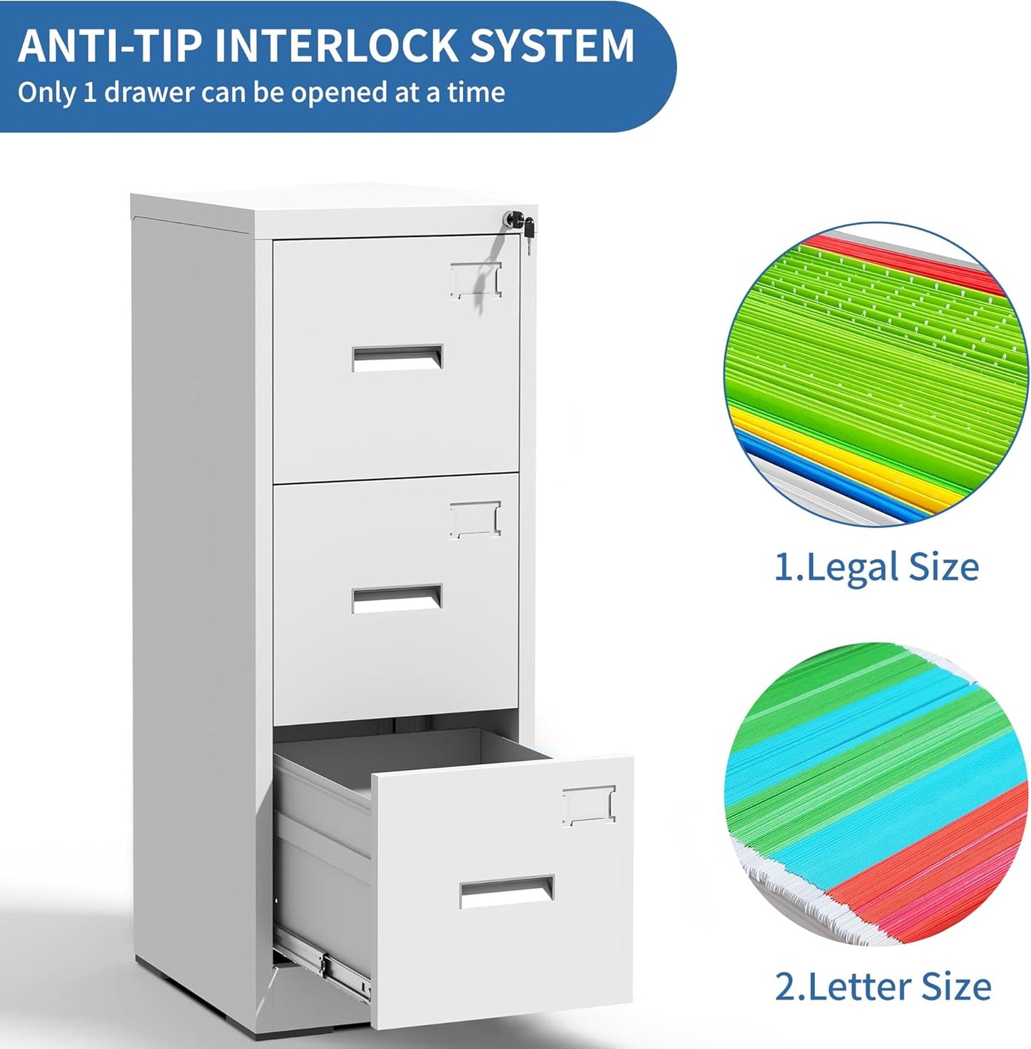 3 Drawer File Cabinet with Lock and Card Slot, Metal Vertical Filing Cabinets for Home Office, Steel Storage Cabinet for Hanging Legal/Letter Size Files, Assembly Required (White)