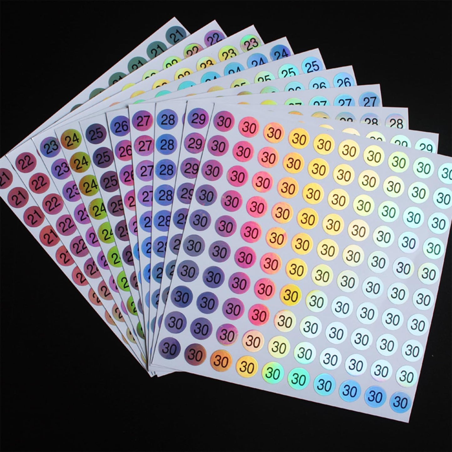 30 Sheets 1 to 30 Waterproof Reflective Laser Number Stickers,Round Self Adhesive Stickers/Inventory/Storage Organizing Sticker