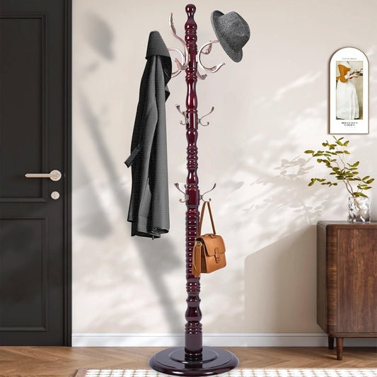 Vintage Free Standing Coat Rack with Disc Base, Solid Wood Coat Hanger Stand with 20 Metal Hooks and 3 Adjustable Size, Standing Coat Rack Tree for Entryway, Bedroom, Hallway, Office, Apartment