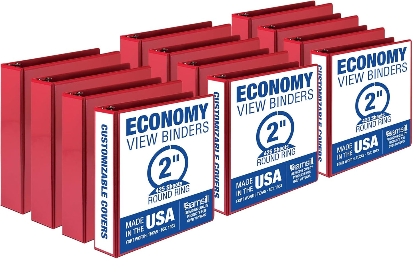 Samsill 2 Inch 3 Ring Binders, Made in USA, Economy Round Ring, Clear View Cover, 425 Sheet Capacity - for School, Home, Office - Red, 12 Pack