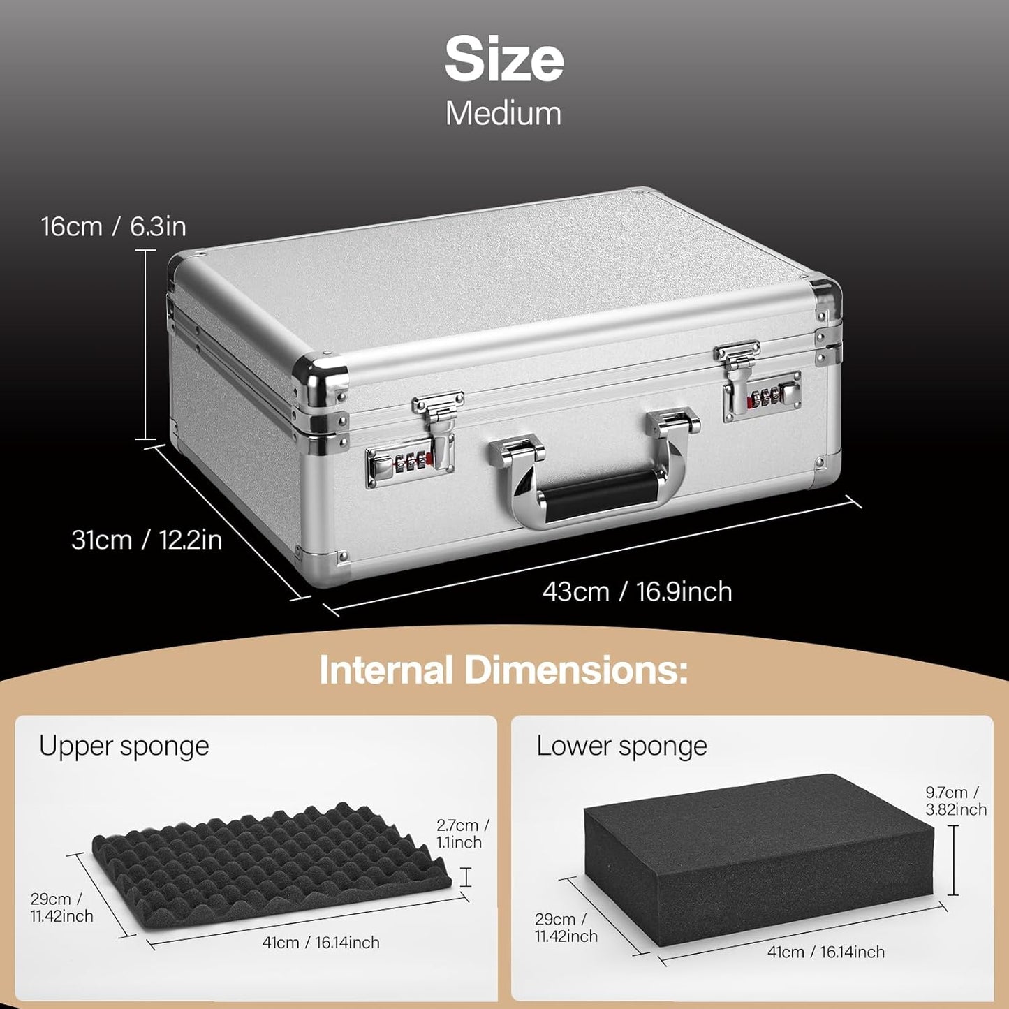 Combination Lock Box - Locking Storage Case with Customizable Foam, 16.9" Portable Lockable Case for Personal Items, Valuables, Documents, Briefcase for Jewelry, Cash, Medications, Silver