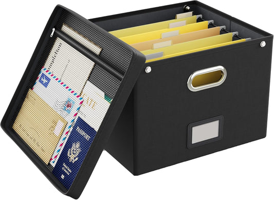 Oterri File Organizer Box with Lid,Large Hanging Filing Box with Mesh Pocket, Document c for Letter Files, Portable Storage Case with Smooth Sliding Rail for Office&Home (1 PCS, Black)