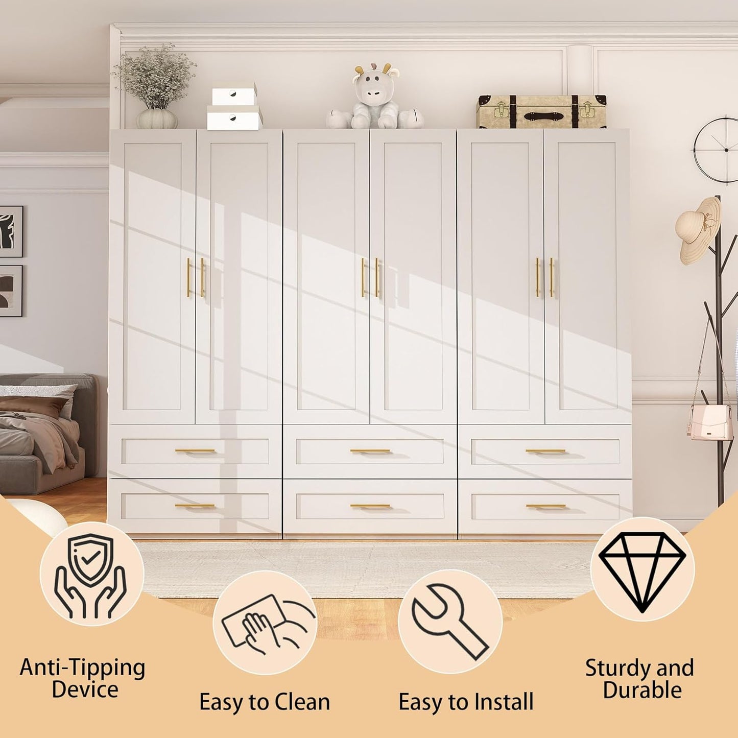 White Wardrobe with 2 Doors: 75" Tall Armoire Wardrobe Closet with 2 Drawers, Bedroom Closet Cabinet for Hanging Clothes, Wooden Storage Armoire with Shelves (Contemporary, 3)