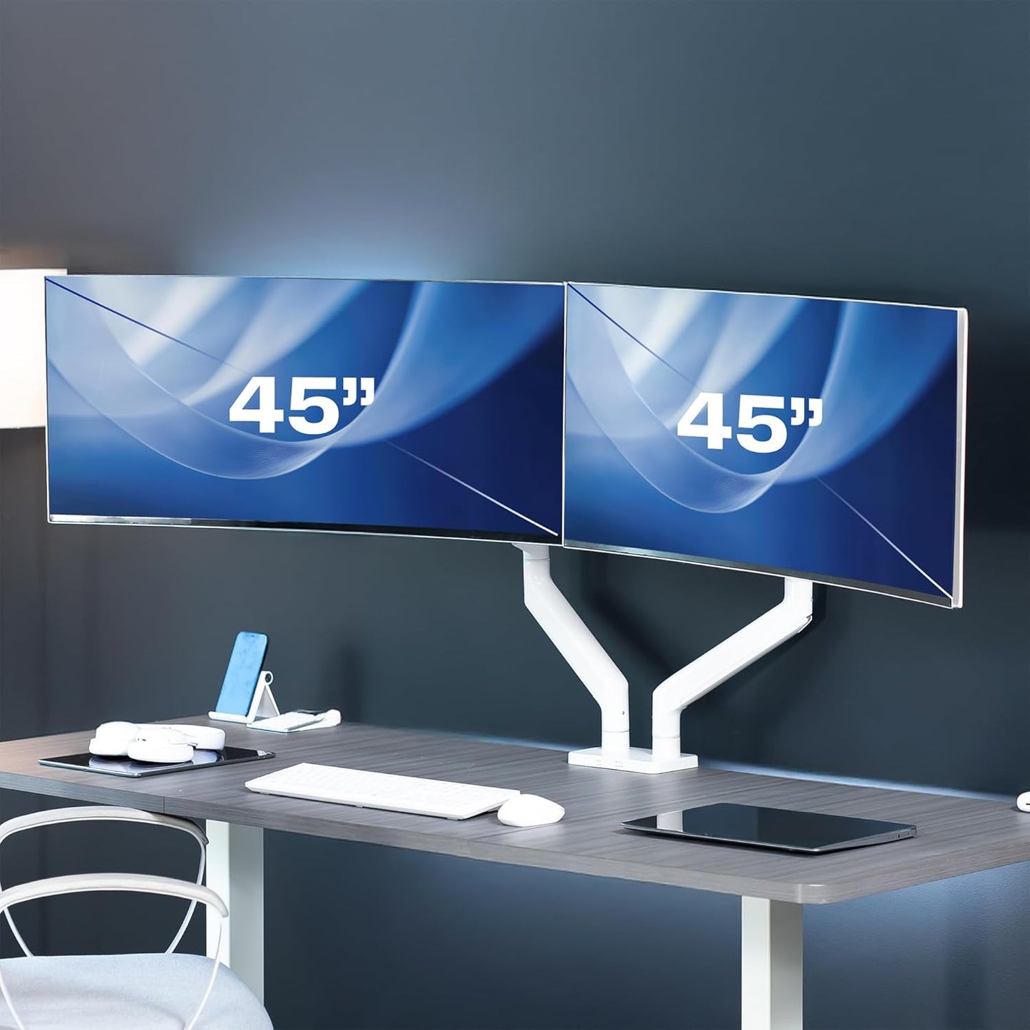 VIVO Heavy Duty Dual Ultra-Wide Monitor Tension Arm, Up to 45 inch Screens, Holds 44 lbs per Arm, Premium Desk Mount Monitor Stand for 2 Ultrawides, White, STAND-V200VW
