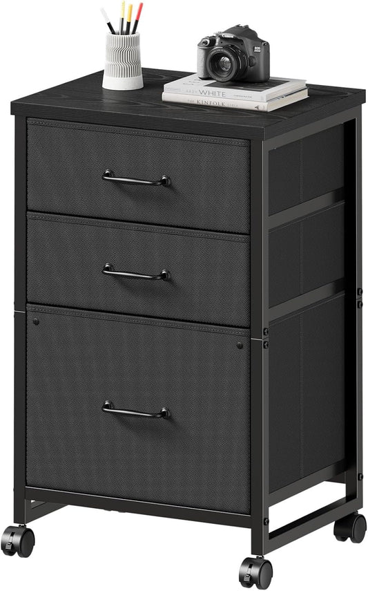 3 Drawer Mobile File Cabinet with Wheels Fabric Vertical Filing Cabinet fits A4 or Letter Size for Home Office,Black