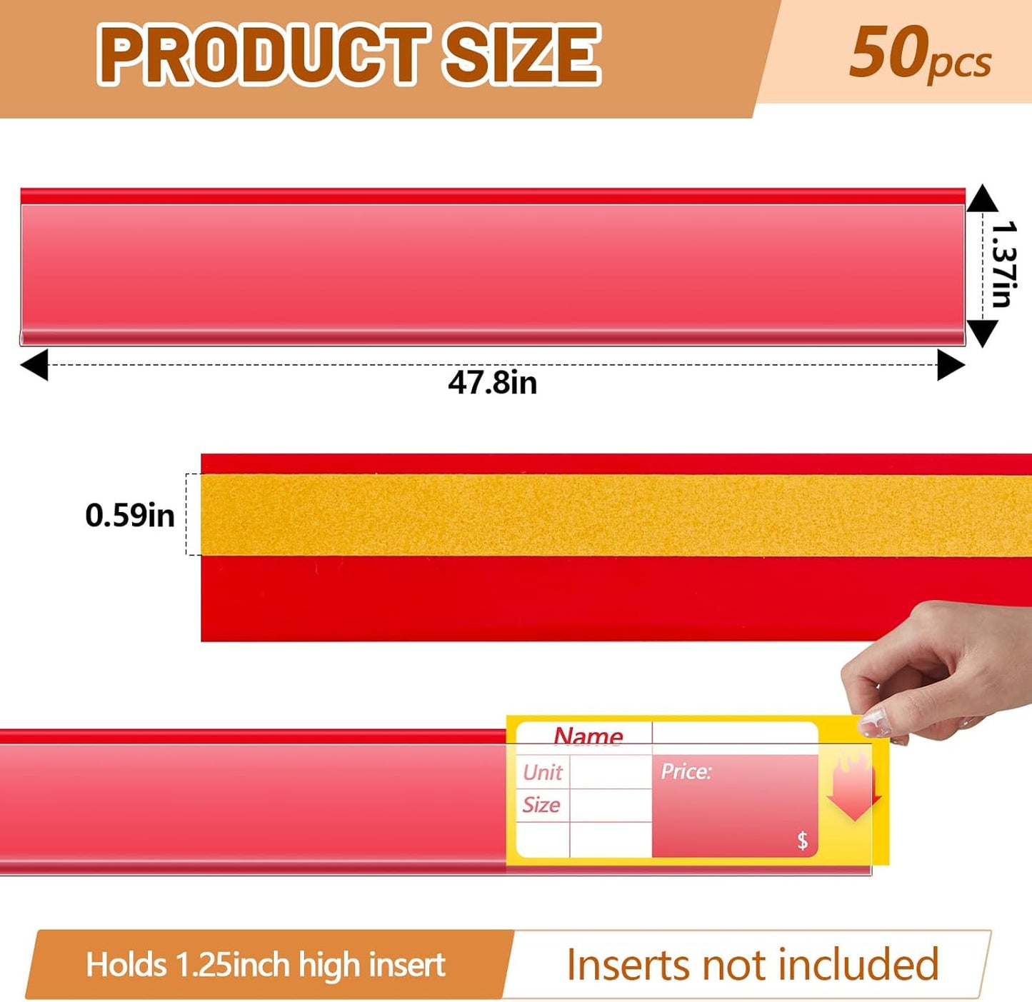 Spiareal 50 Pcs 47.8 x 1.38 Inch Shelf Label Strips Adhesive Back Stick on Data Price Tag Holder Clear PVC Adhesive Ticket Channel for Supermarkets Convenience Shops (Red)