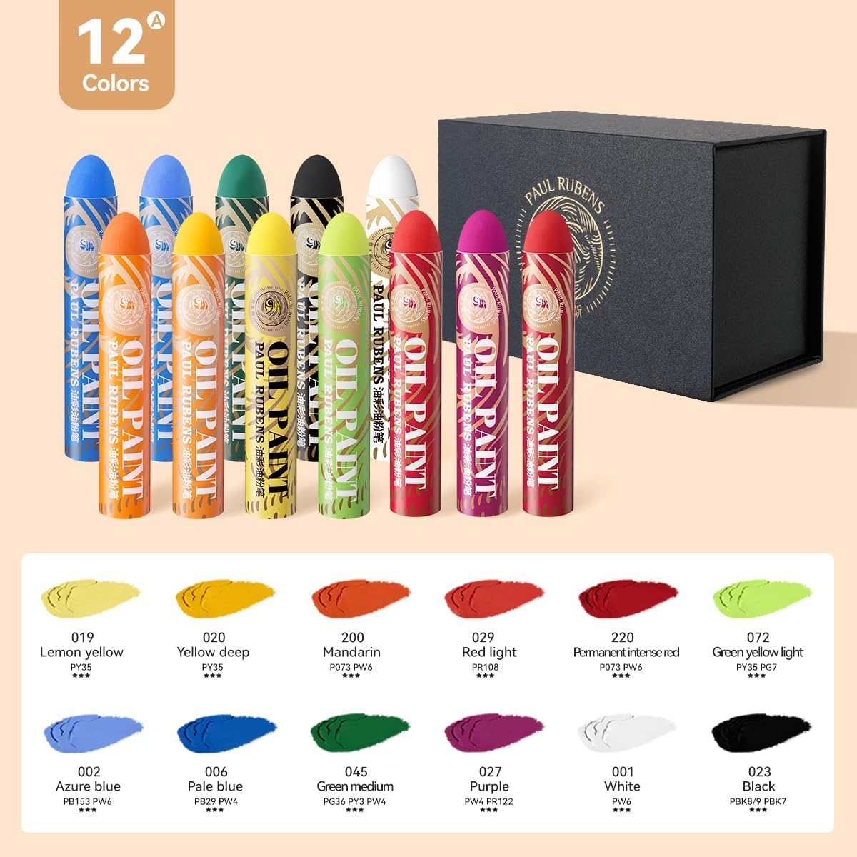 Paul Rubens Large Oil Pastels Set - 12 Colors A (0.79" x 4.72" Jumbo Sticks), Vibrant Colors, Creamy Texture and Blends Easily for Artists, Students and Professionals, Ideal for Filling in Large Areas