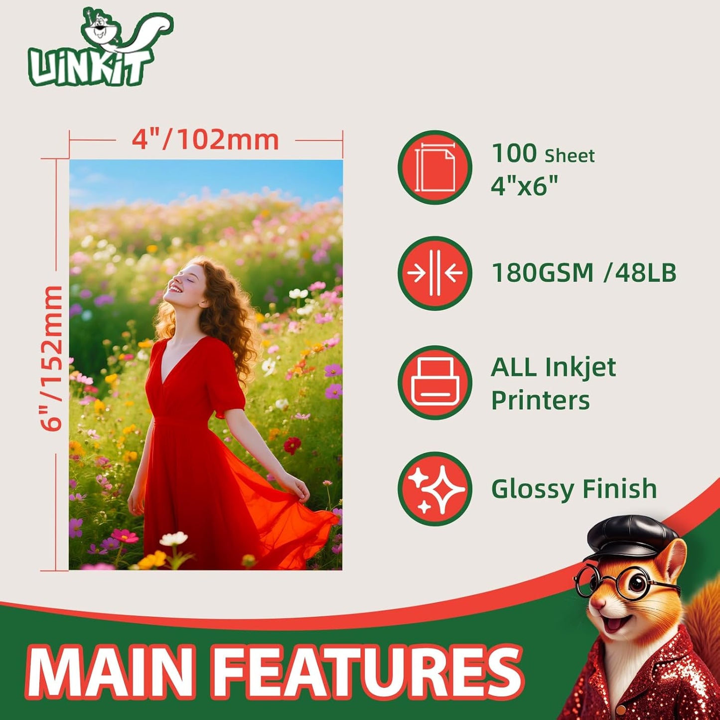 Uinkit Premium Glossy Inkjet Photo Paper - 4x6 Inch, 48lb 180gsm, 100 Sheets - Professional Photographic Quality, Dye Ink Compatible, High-Gloss Finish for Vivid Memories & Instant Prints