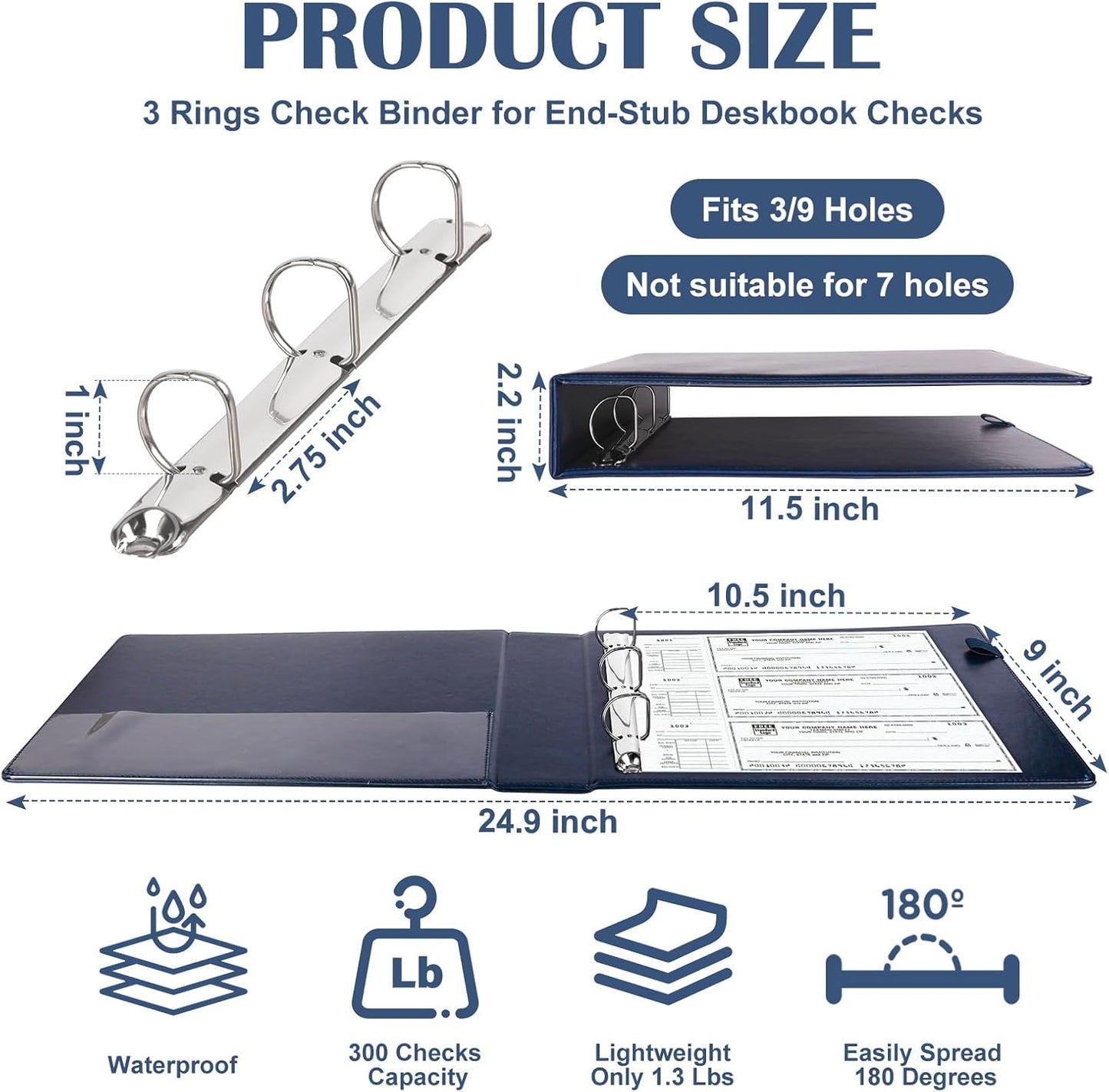 9" x11 1/4" PU Leather 3 Rings Personal Checks Binder for End-Stub Deskbook 3-Ring Binders for Desk Check fit 3 & 9 Holes Checkbook Binder Cover for Business Finances (Not Fit 7 Holes,Navy Blue)