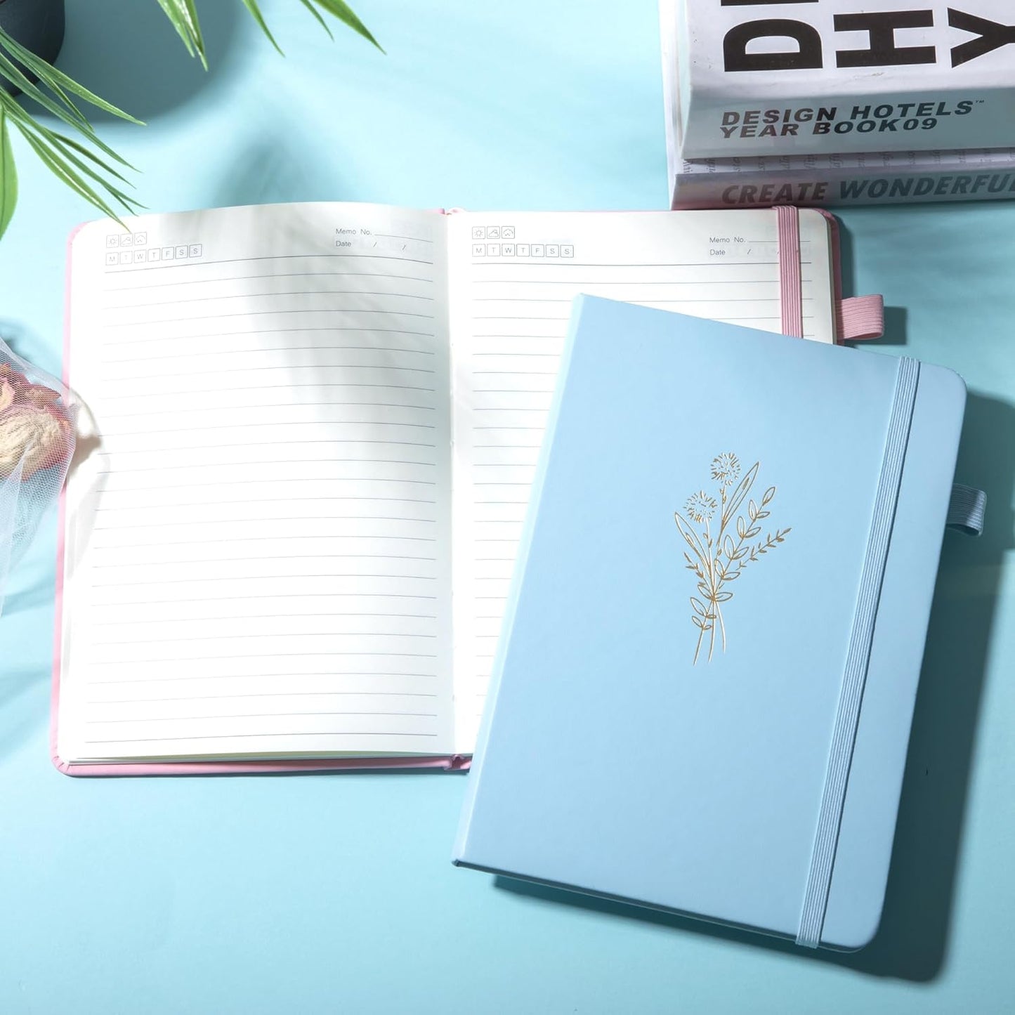 Lined Journal Notebook for Women Cute Leather Journaling Notebooks for Writing 192 Pages A5 Hardcover Aesthetic Floral Diary, 5.7 x 8.3 In, Blue