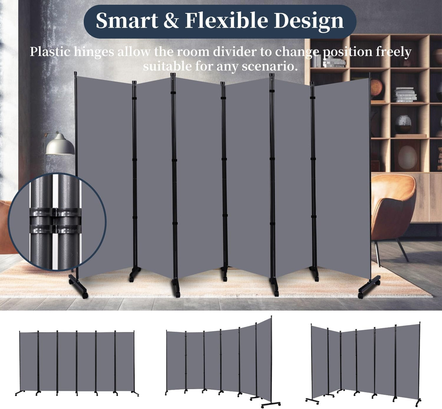 Room Divider Folding Privacy Screens with Lockable Wheels, 132'' Fabric Partition Room Dividers Freestanding Room Divider Panel for Room Separation, Wall Divider for Home Office Bedroom Studio Decor