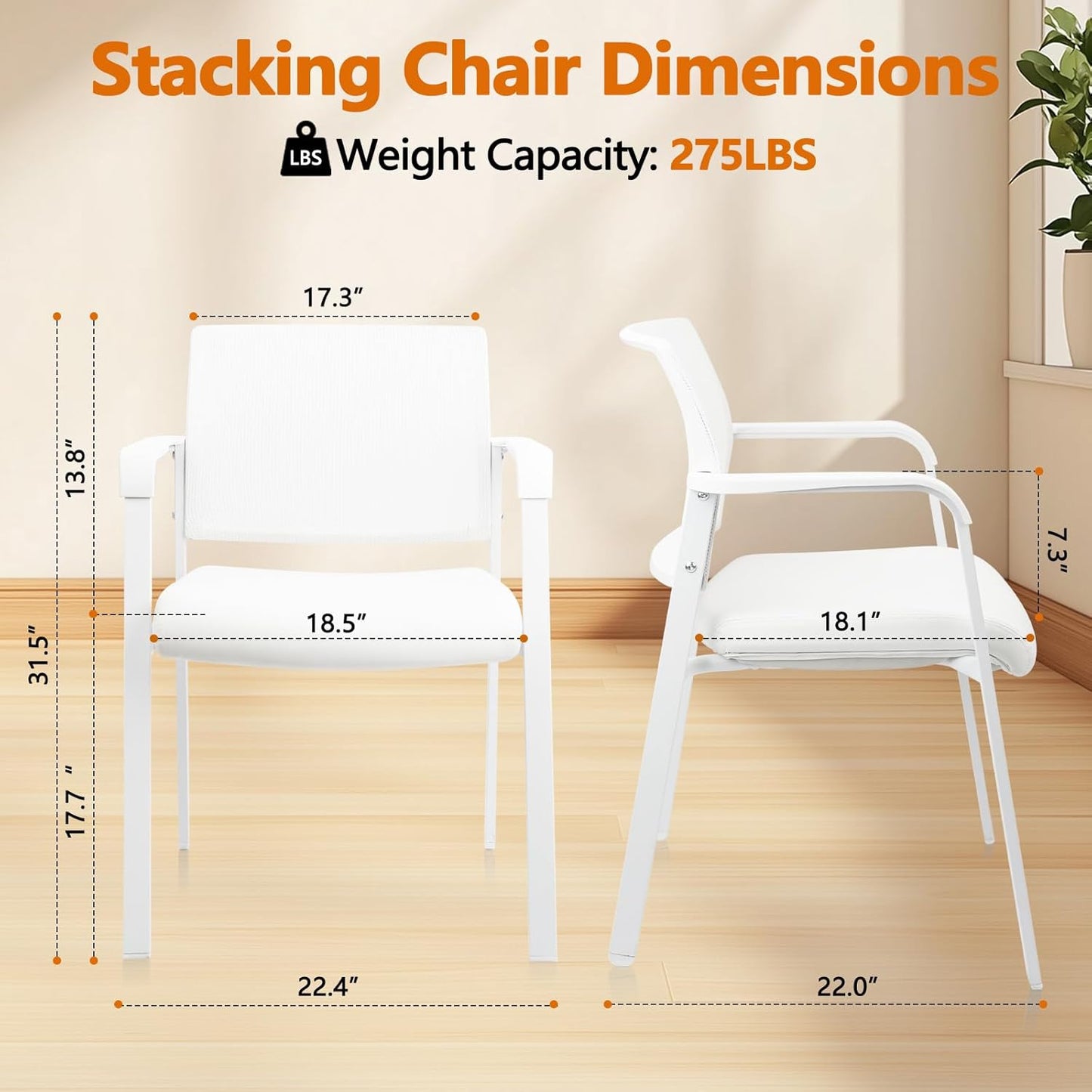CLATINA Stacking Office Chairs | Mesh Back, Thicken Leather Seat and Arms, Ergonomic Lumbar Support | Guest Reception, Waiting, Conference, School, Party, Customer, Side, Stationary | Set of 4, White