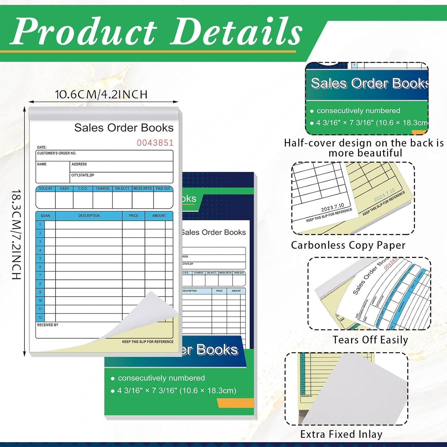 Seajan 12 Pcs Sales Order Books, 4.2 x 7.2 Inch 2 Part Purchase Order Book with Carbonless Copies Receipt Book for Small Business Receipt Log Book 50 Sets Per Book