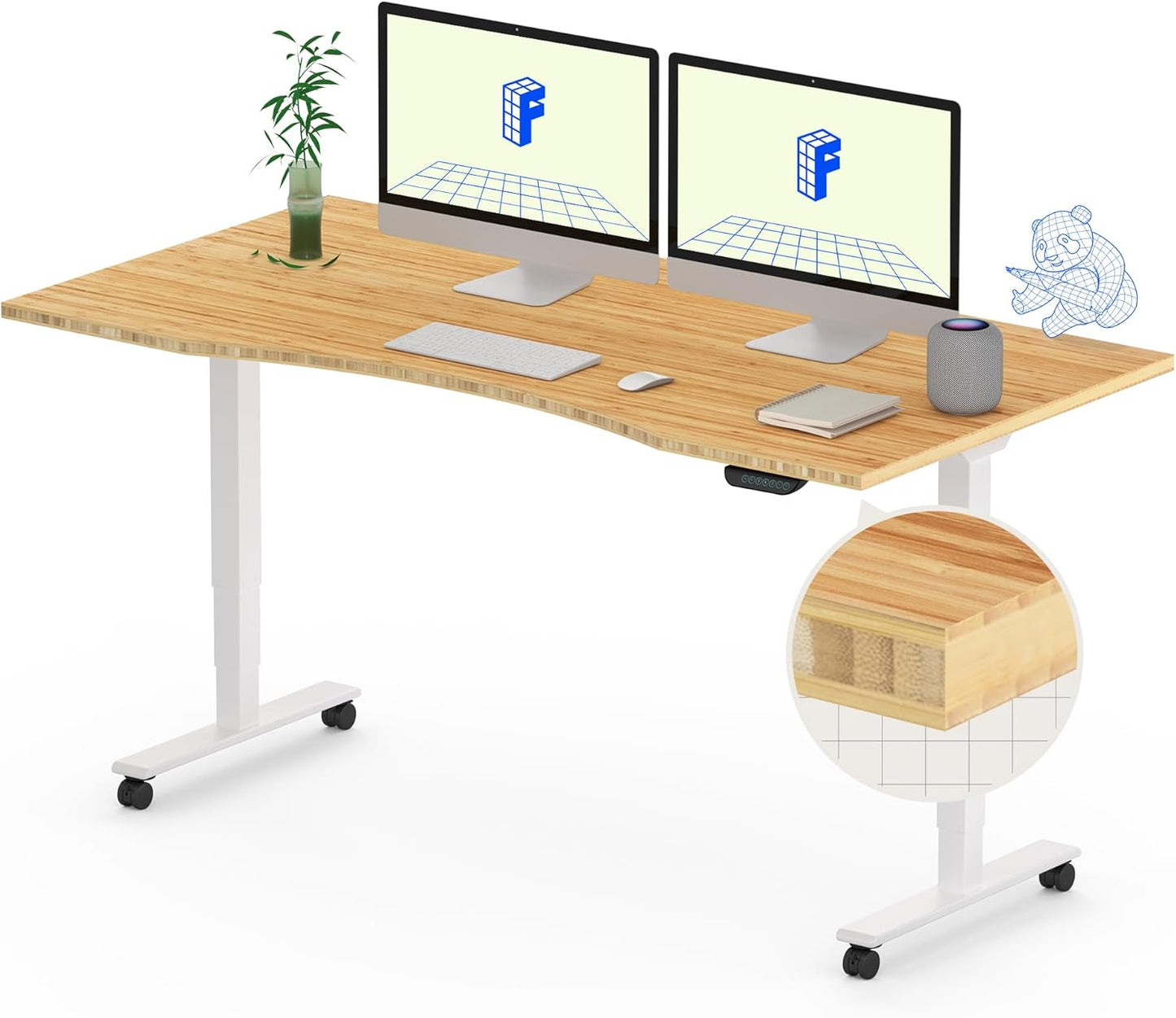 FLEXISPOT E6 MAX Bamboo Dual Motor 3 Stages Standing Desk 55x28 Inch Whole-Piece Board Electric Height Adjustable Stand Up Desk 150KG Load Capacity(White Frame + Bamboo Curved Desktop)