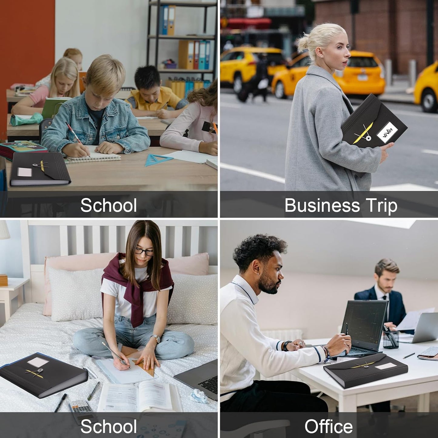 ViVin Expanding File Organizer, 13-Pocket Accordion Filing Folders with Extra Pocket & Color Tabs, Sturdy Expandable Ducument Organizer for Receipt Bills Invoice, Letter/A4 Size - Black