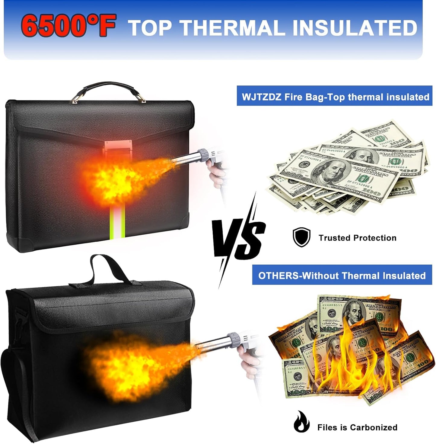 6500°F Large Capacity Upgraded Fireproof Money Bag with Lock,10 Layers of Heat Insulated Materials with Waterproof Zipper/Reflective Strip with Handle for Cash/Important Documents