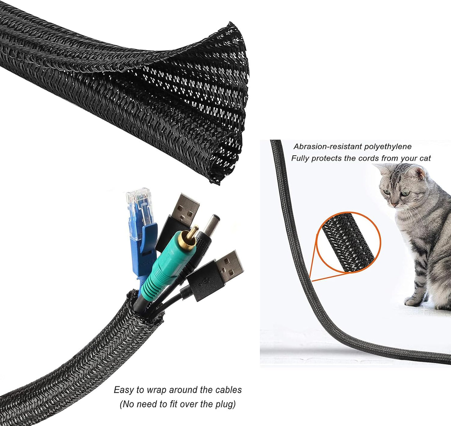 1/2"-10ft*2pcs Black/White Cable Sleeve - Protects Cords from Pets & Organizes Wires - Modern Style - Polyester Material - Flame Retardant - Easy to Use & Cut (Black, 10ft-1/2inch)