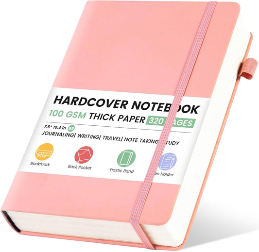 CAGIE Lined Journal Notebook, 320 Pages College Ruled Notebook, 100 Gsm Paper Thick Journal, B5 Hardcover Leather Journals for Writing Women, 7.6x10 In, Pink