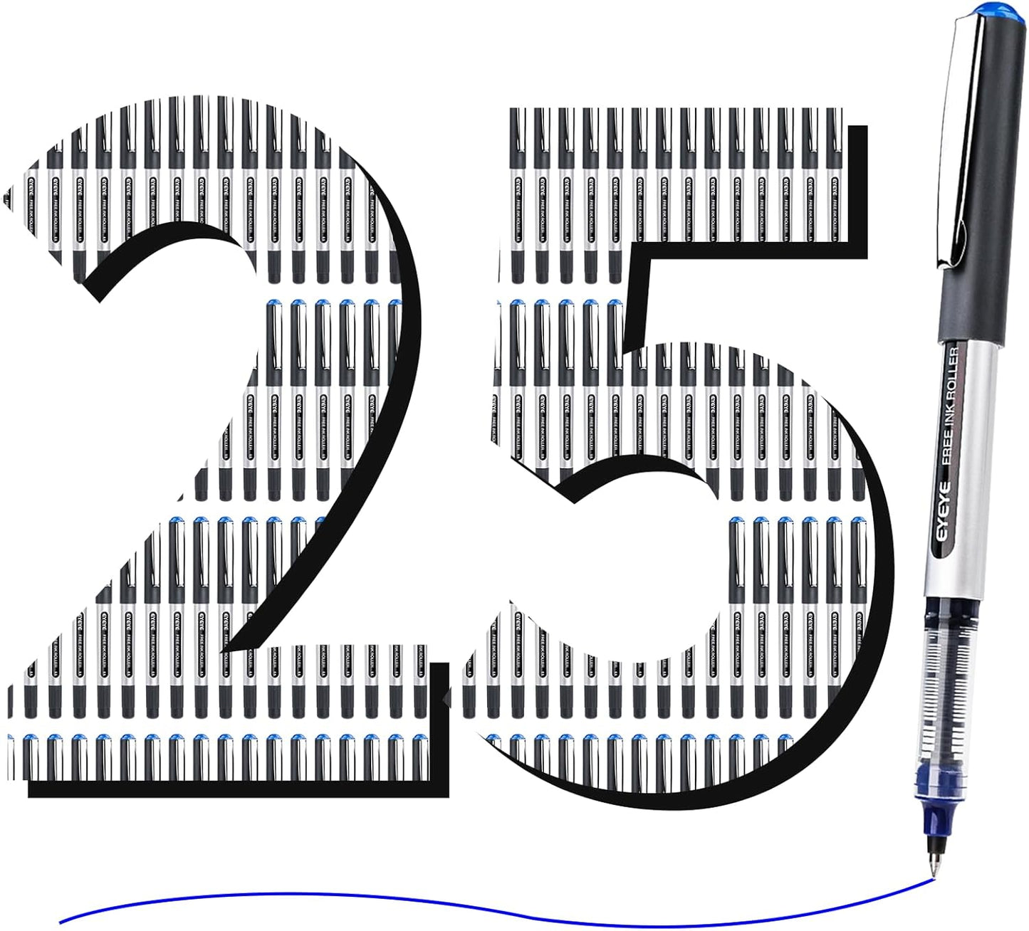 EYEYE 25 Pack 0.5mm Blue Rollerball Pens Extra Fine Point Quick Dry, Liquid Ink Pens Fine Point Smooth Writing Pen for Journaling, Note Taking, Office, School Supplies