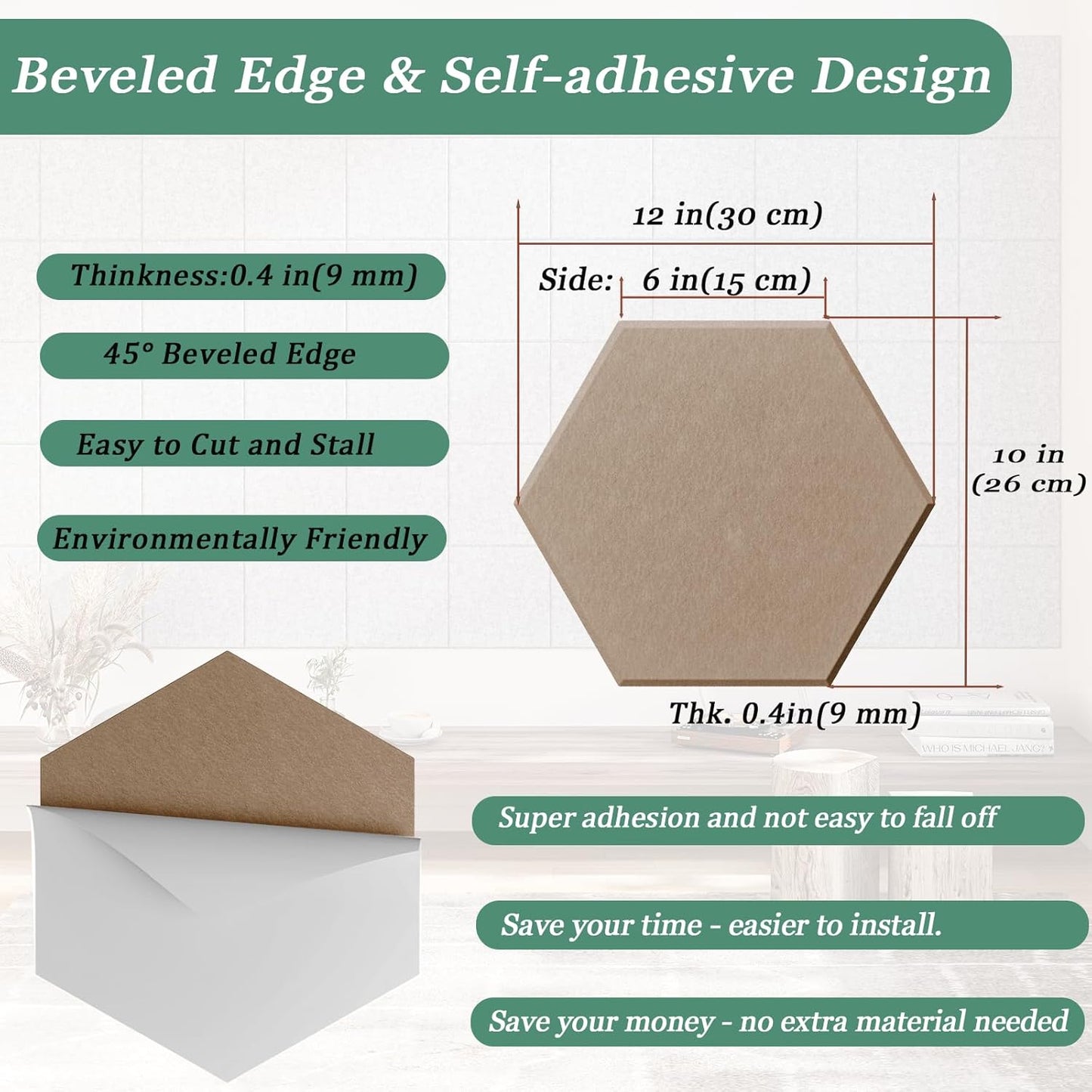 Hexagonal Acoustic Panels-12 Pack High-Density Sound Absorbing Panels 12"X10"X0.4" for Enhanced Noise Reduction, DIY Design, Idea for Studios, Offices, and Home Theaters(Dark Camel)