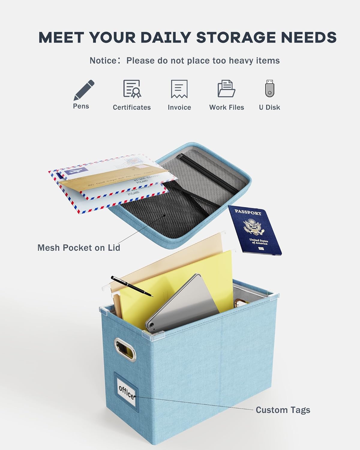 Oterri Portable Document Organizer with Lid, Hanging Storage Box with Mesh Pocket for Letter Files, Smooth Sliding Rail - Sky-blue (1 PCS)