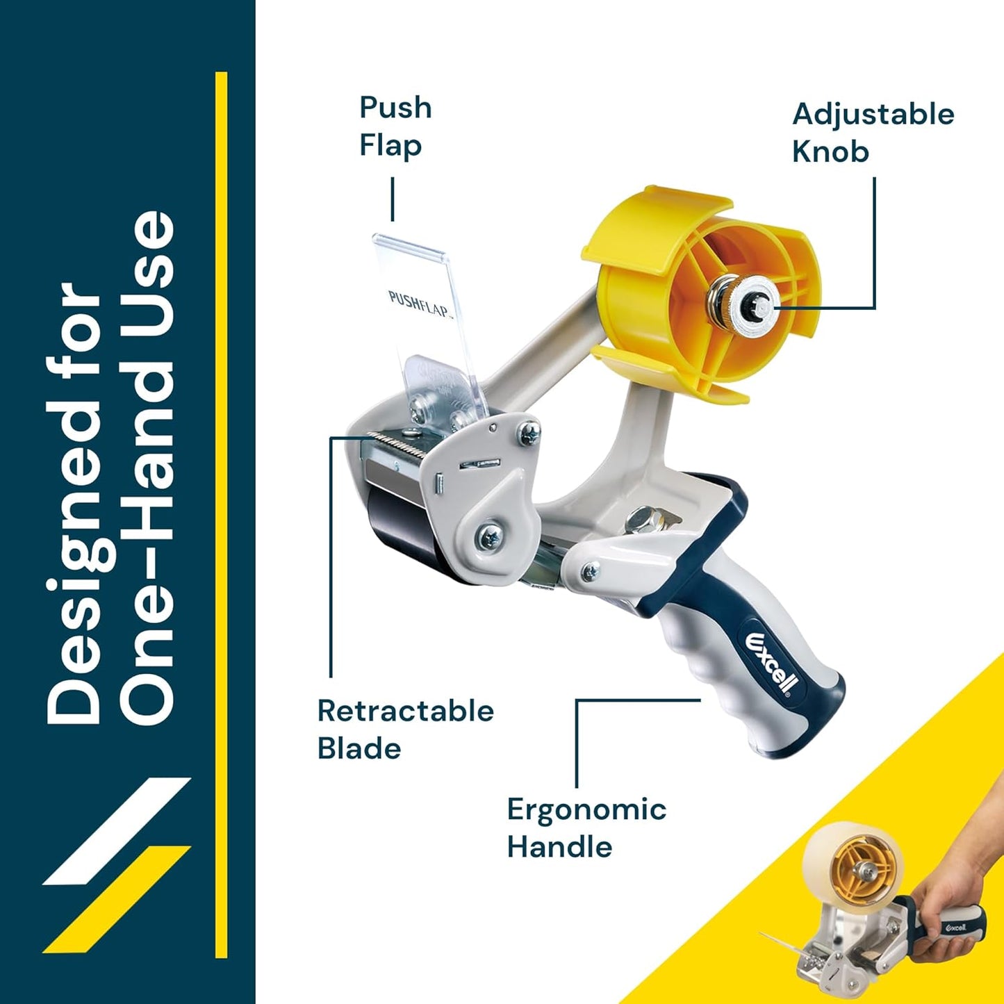 Excell Anti-Backflow Metal Packaging Tape Dispenser (2" Wide) with 2 Roll Tapes: Ideal for Packaging, Transportation, Moving, and Box Sealing. Includes Tape Gun and Two Tapes