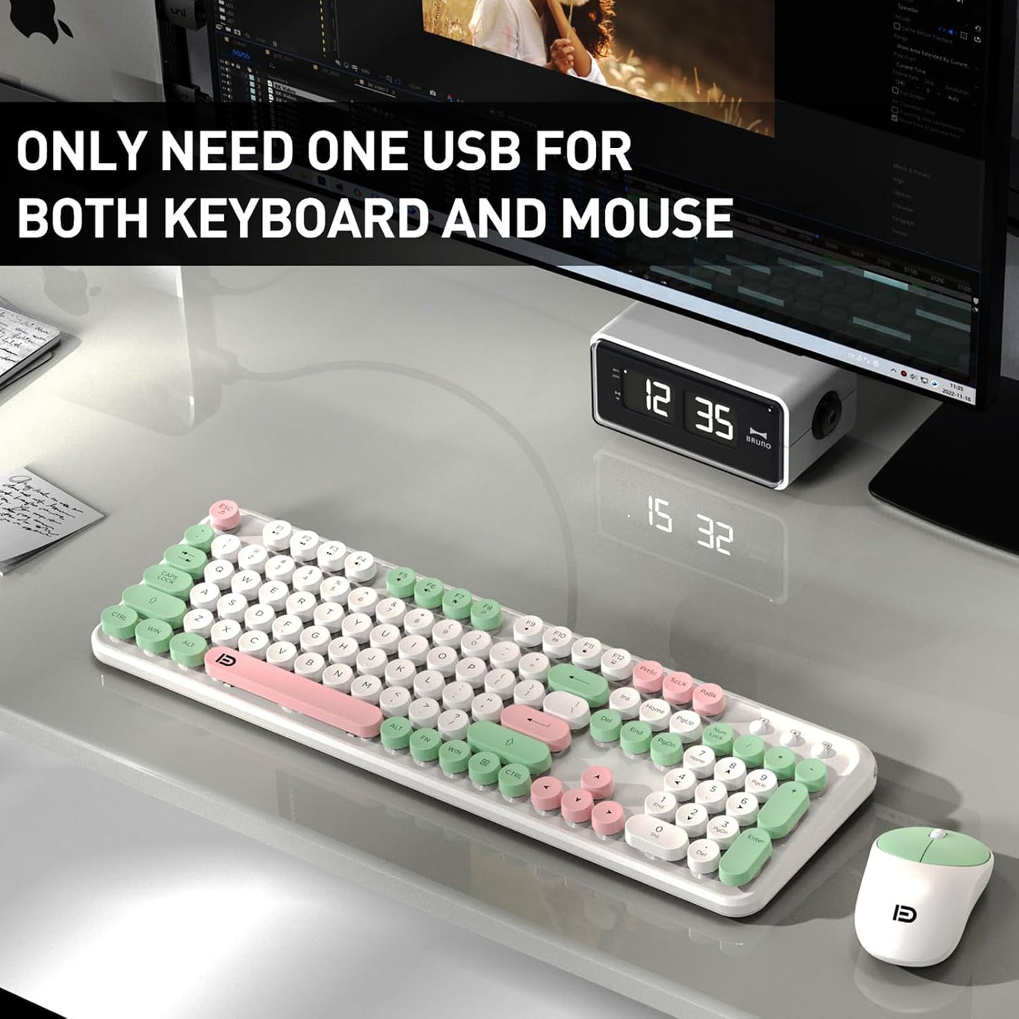 Keyboard and Mouse Wireless,2.4Ghz Retro Typewriter Style Round Keycap,Full Size Wireless Keyboard Mouse Combo,Cute Cordless Keyboard Mouse Set for PC Laptop Desktop Computer-Milk White Green Colorful