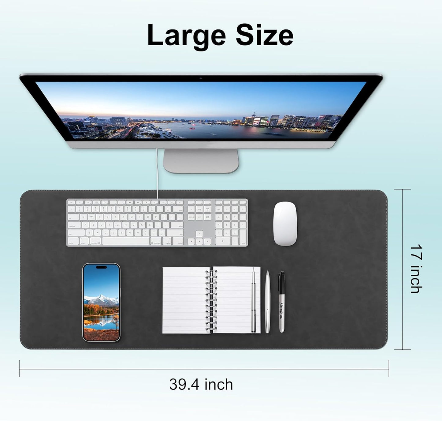 Leather Large Desk Pad Protector Non-Slip, Office Desk Mat, Computer Mouse Pad, Desk Blotter & Writing Pad, Keyboard Extended Mousepad with Stitched Edge for Desktop Laptop 39.4 x 17 inch (Black)