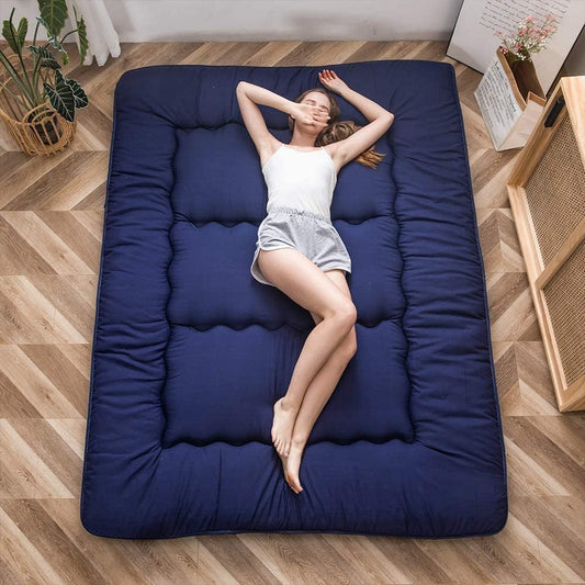 MAXYOYO Japanese Floor Mattress Futon Mattress, Thicken Tatami Mat Sleeping Pad Foldable Roll Up Mattress Boys Girls Dormitory Mattress Pad Kids Floor Lounger Pillow Bed, Navy, King