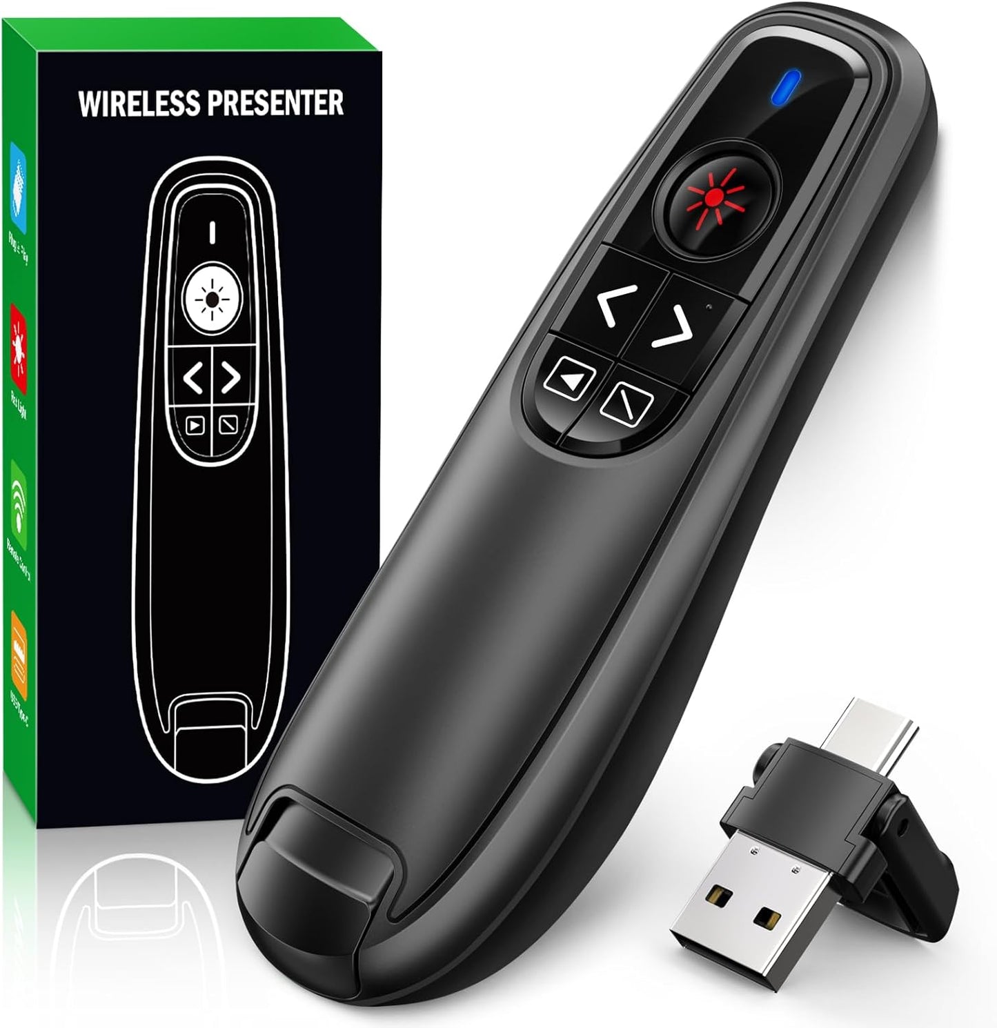 Presentation Clicker Wireless Presenter Remote Clicker, USB C PowerPoint Clicker for Presentation with Laser Pointer, RF 2.4GHz Computer Pointer Clicker Slide Advancer for Google Slides,Mac,Laptop