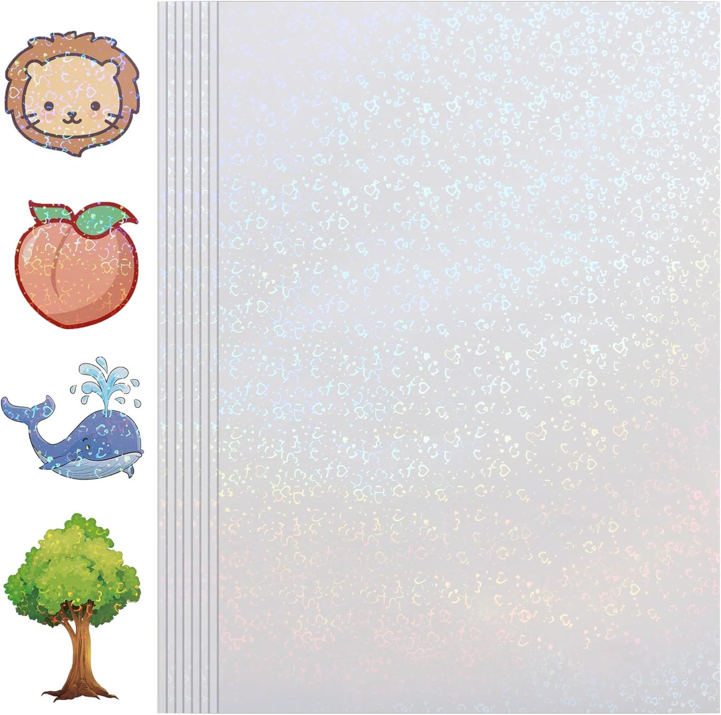 Holographic Sticker Paper, 36 Sheets Transparent Holographic Vinyl Overlay Lamination Sheets, Clear Self Adhesive Laminate Sticker Film for Stickers DIY Crafts, Heart Patterns - 8.5x11 Inch