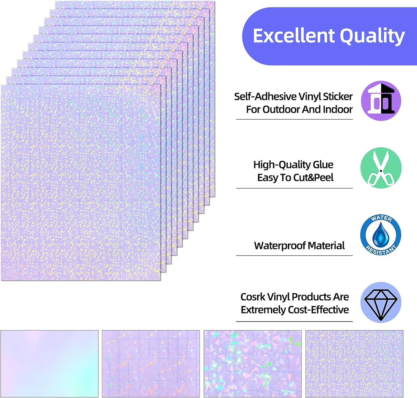 36 Sheets Holographic Sticker Paper, Transparent Holographic Vinyl Laminate Film, Clear Overlay Lamination Sticker Paper Self Adhesive Waterproof - Gem, Dot, Colorful, Star Patterns/8.5x11 inch