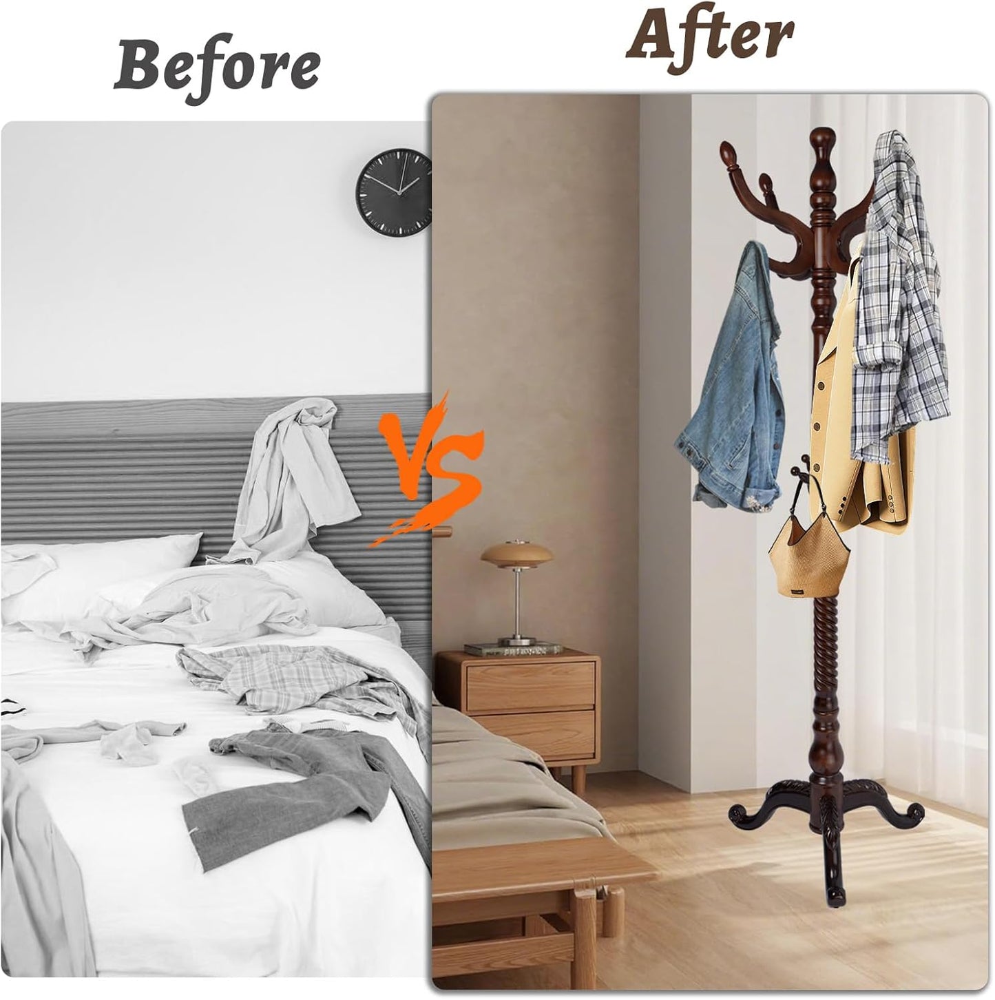 Wooden Coat Rack Freestanding with Resin Hooks, Adjustable Heavy Duty Stand for Hanging Coats, Bags, Hats, and Umbrellas in Living Room, Bedroom, Entryway (Tripod-Antique Color)