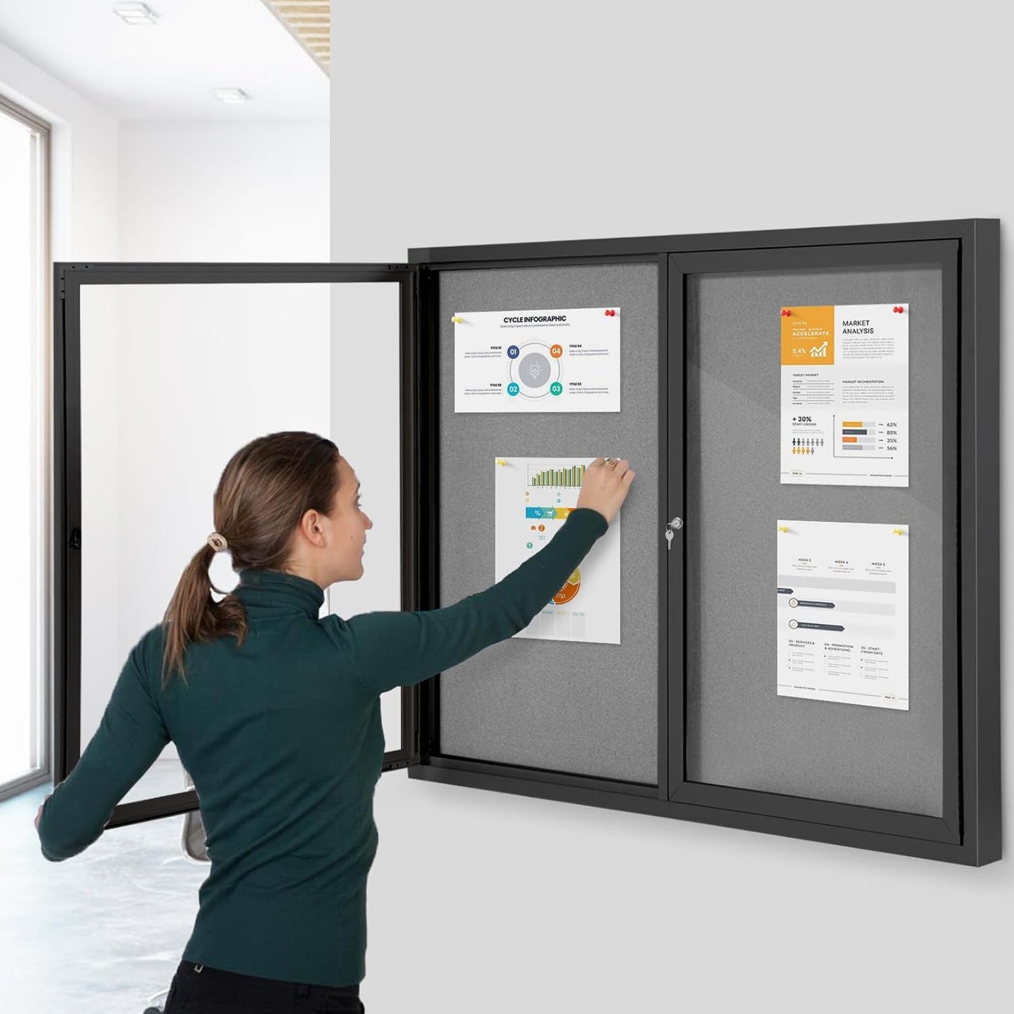 SWANCROWN Enclosed Bulletin Board 48x36in, Outdoor Bulletin Board Weatherproof for Office School Commerce, Grey Felt, Black Aluminum Frame