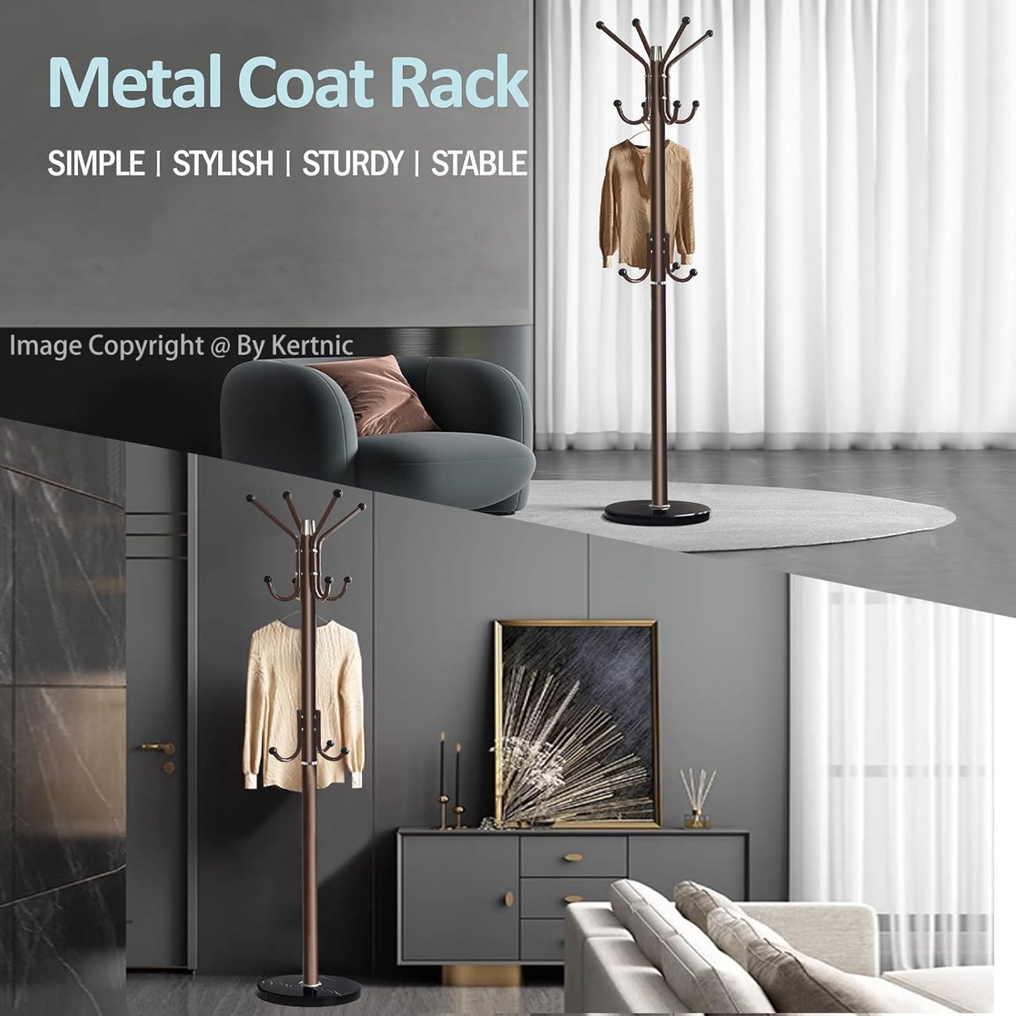 Kertnic Modern Coat Rack Freestanding with Natural Marble Base & Sturdy Metal Frame, 11 Hooks Hall Tree for Jackets, Hats, Bags, Entryway Organizer for Bedroom, Living Room, Closet (11 hooks-Bronze)