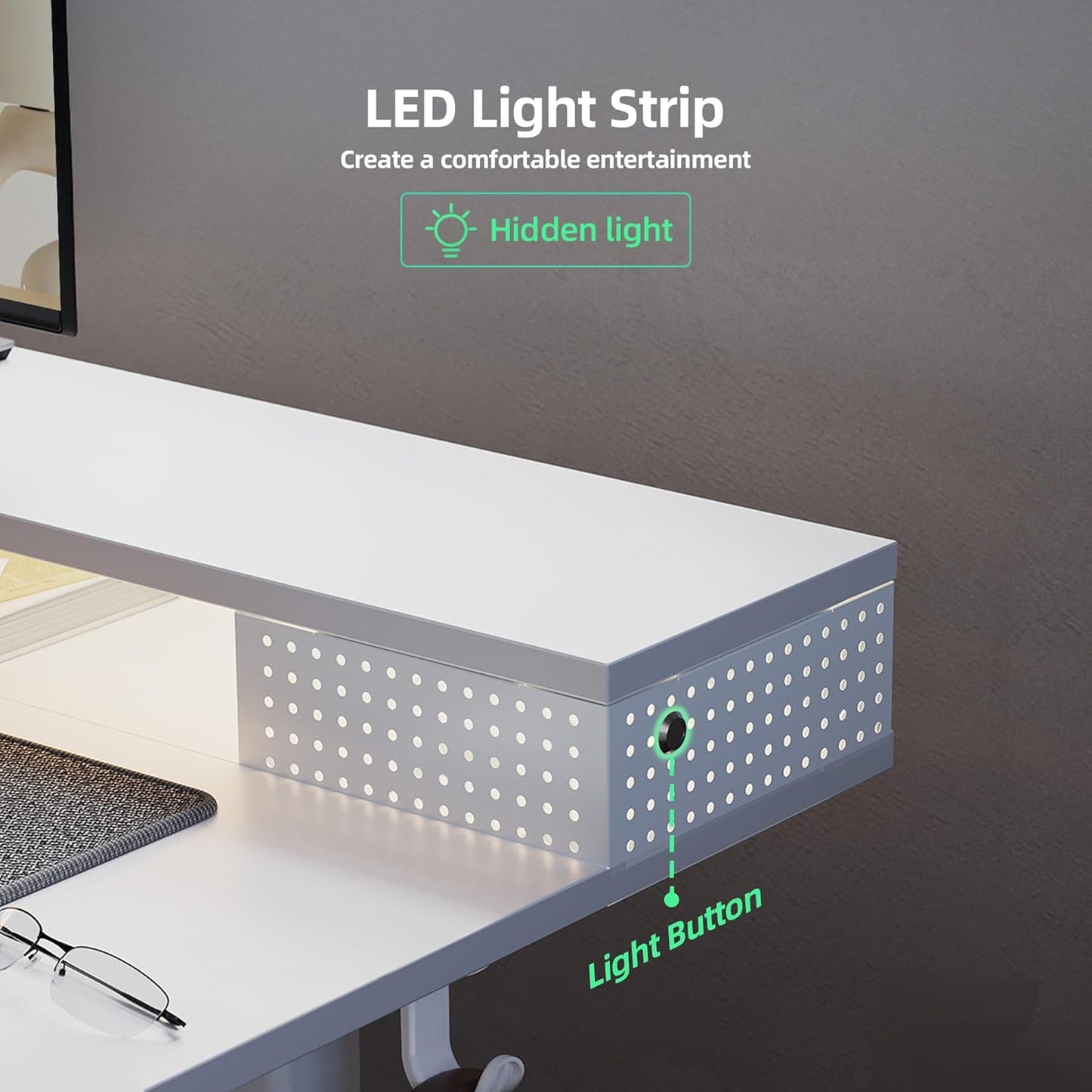 Claiks Electric Standing Desk with Shelf, 55 Inch Height Adjustable Standing Desk with LED Lights & Monitor Stand, White Frame/White Top