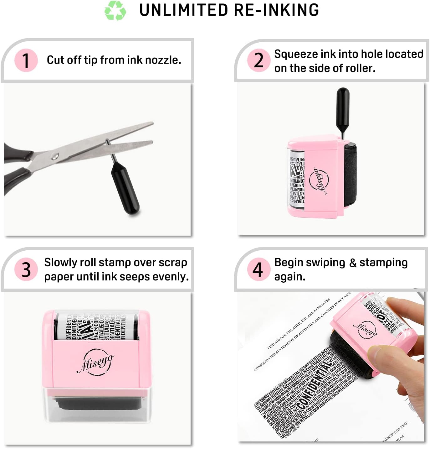 Miseyo Wide Roller Stamp Identity Theft Stamp 1.5 Inch Perfect for Privacy Protection,Anti-Theft Security Confidential Easy for Guard Personal Information Blockout - Pink