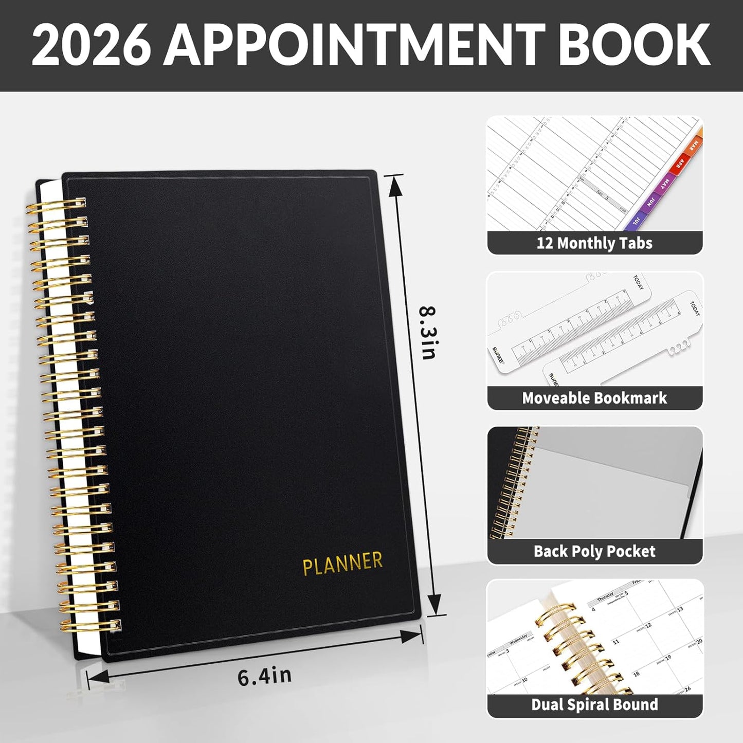 SUNEE 2026 Appointment Book, Quarter-Hourly, Weekly & Monthly - from January 2026 - December 2026, 6.4"x8.3" Weekly Planner, Flexible Cover, Note Pages, Pockets, Bookmark, Spiral Binding, Black