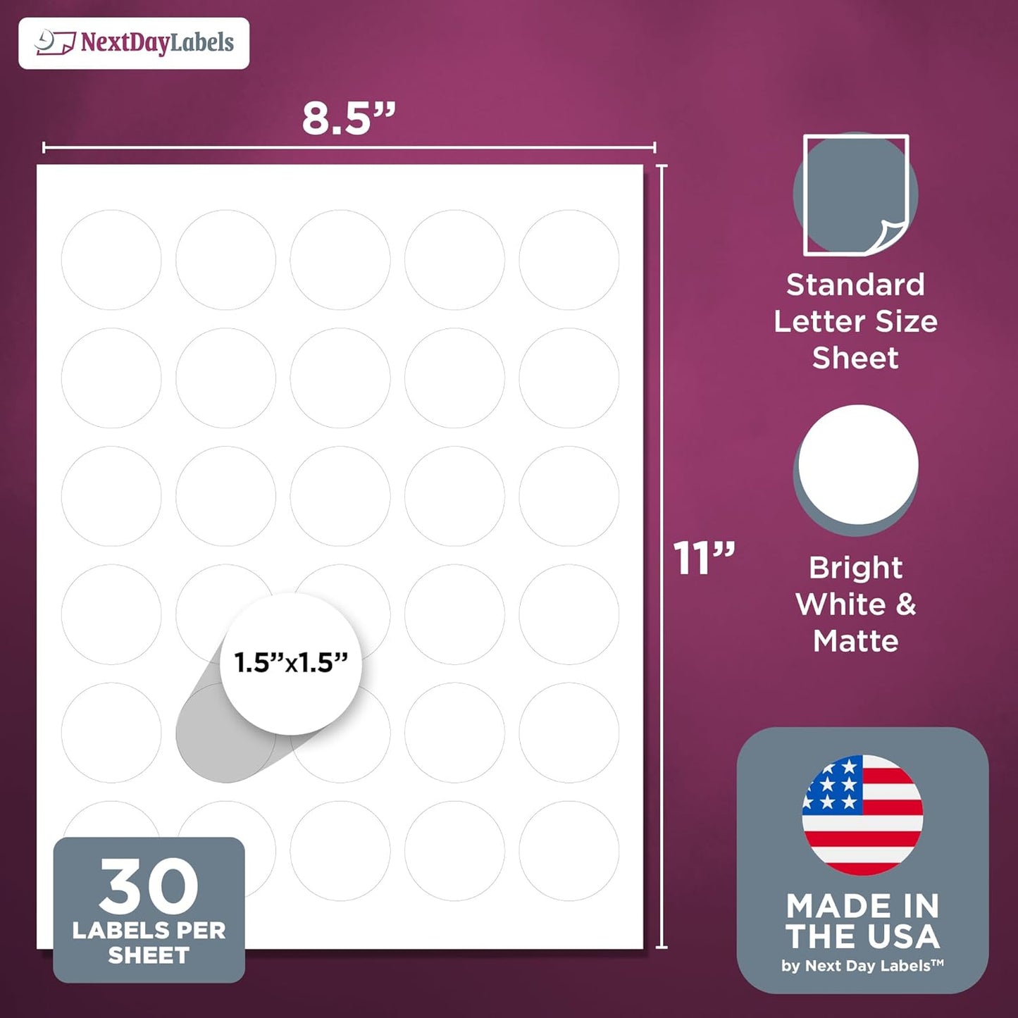 NextDayLabels 1.5 Inch Round Matte White Blank Labels - Circle Stickers for Laser/Inkjet Printers (3000 Labels, 100 Sheets of 30)