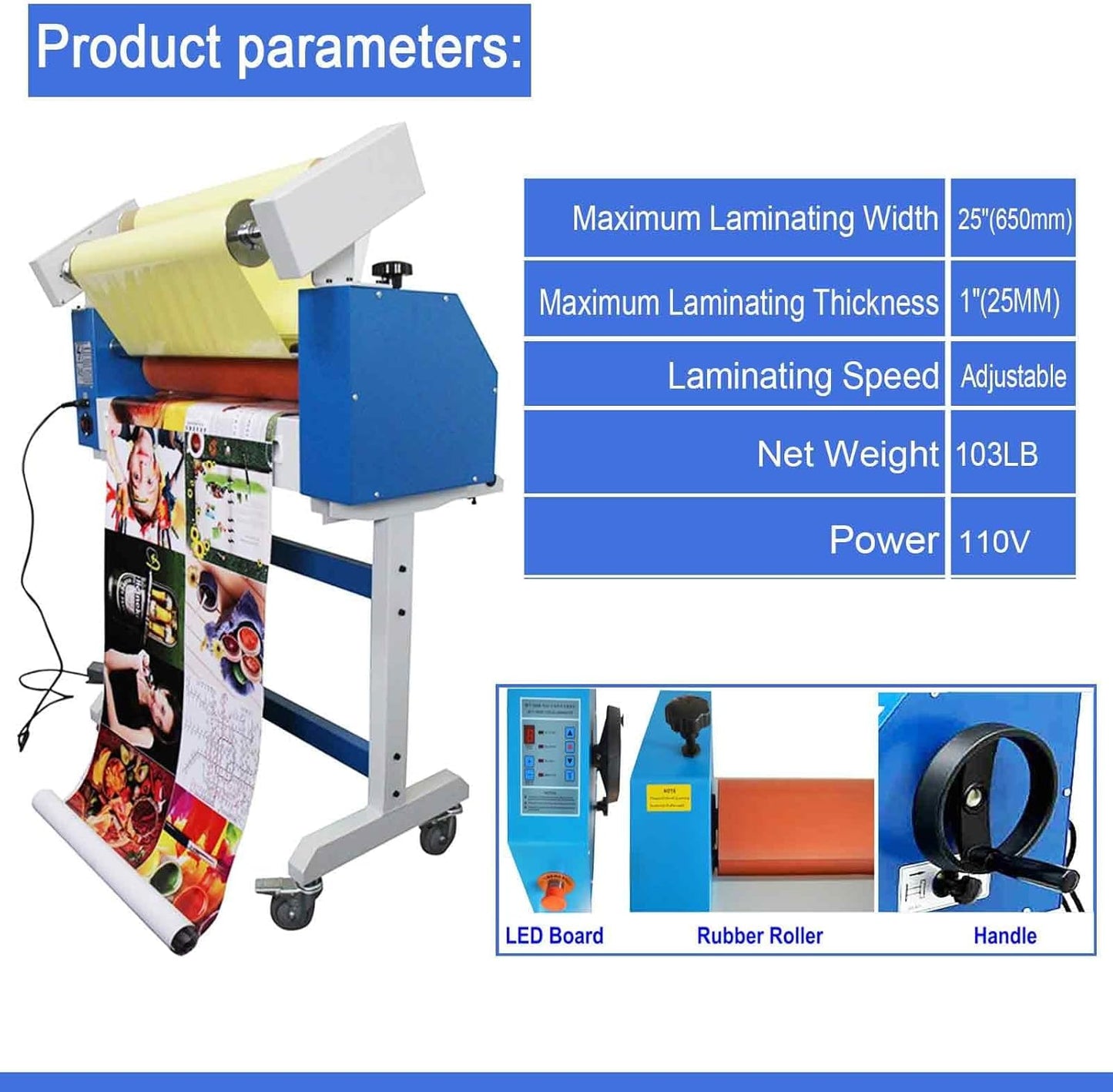 25in(635mm) 110V Semi-auto Cold Laminating Machine with Soft Rubber Roller, Electric/Manual, Adjustable Speed Laminator with Foot Pedal, 1" Maximum Laminating Thickness