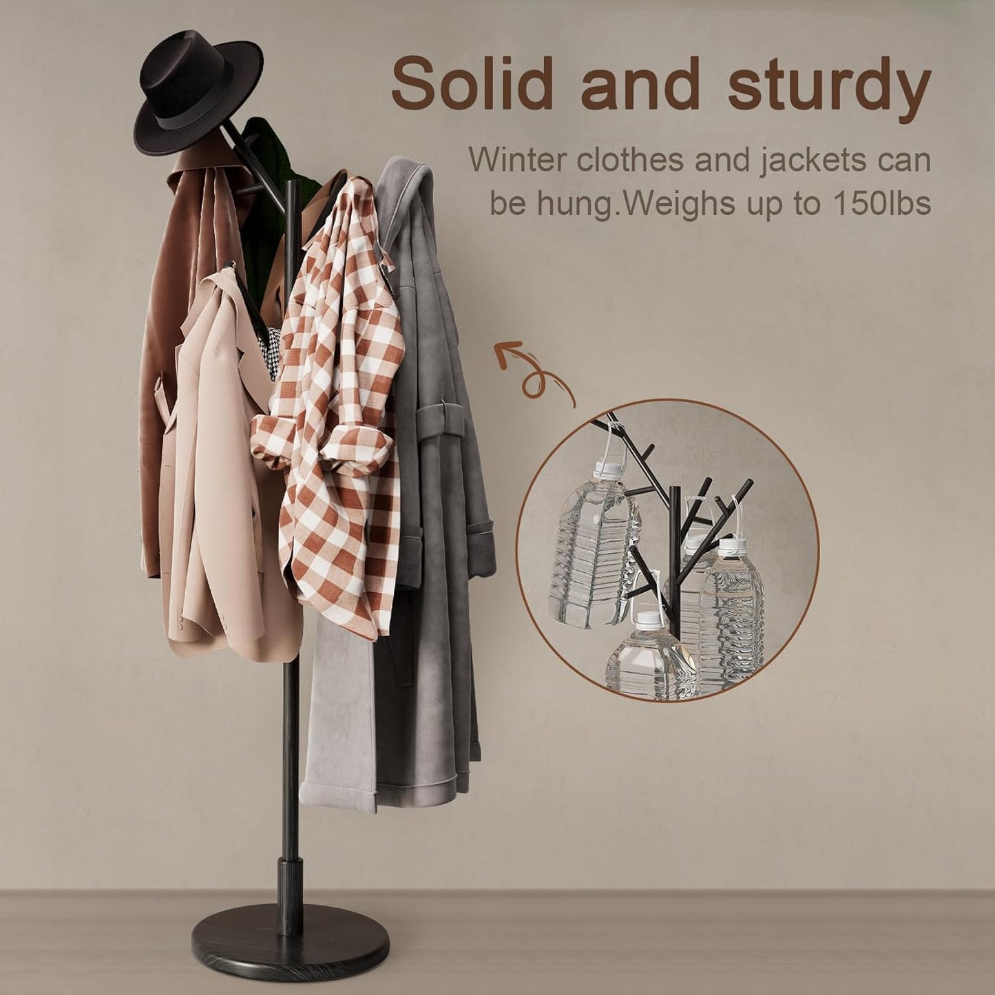 Coat Rack, Solid Wood Coat Rack Freestanding with 12 Hooks, Coat tree freestanding 3 Adjustable Heights for coat, Hats, Handbags， Coat Stand for Entryway, Bedroom (Black)