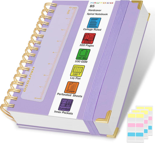 HAUTOCO Spiral Notebook, B5 Purple Hardcover Leather Notebooks, College Ruled Notebook with 320 Pages, 100 GSM Paper, 7"x 9.7" Lined Journaling Notebooks for Girls Women Work School Office