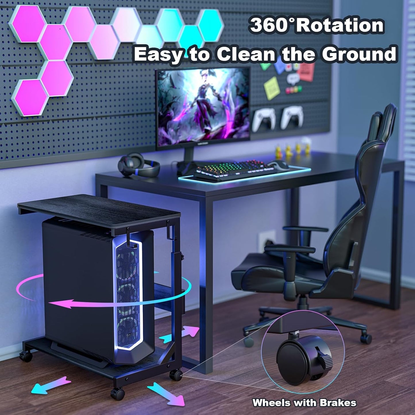 Height Adjustable Computer Tower Stand with Charge Station and USB Charging Port, 2-Tier ATX-Case Cart, Under Desk Mobile PC Stand, CPU Holder Cart with Locking Caster Wheels for Fits Most PC