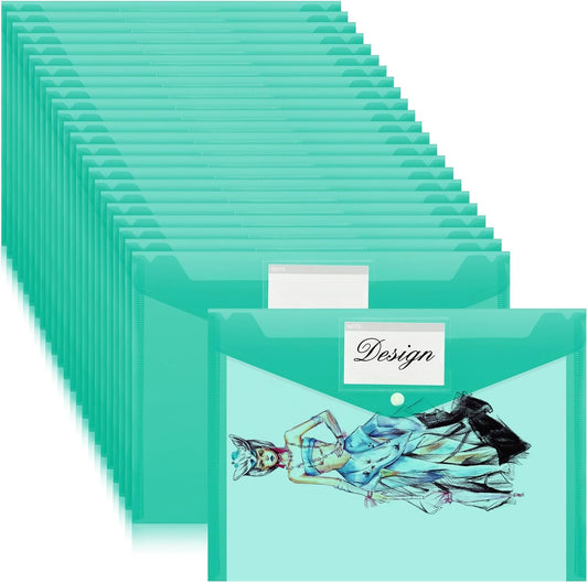 Lincia 24 Pcs Plastic Envelopes A4 Size Poly Envelopes File Folders Work Document Holder Office Paper Plastic File Organizer with Label Pocket Snap Button Home File Bag for School (Clear Green)