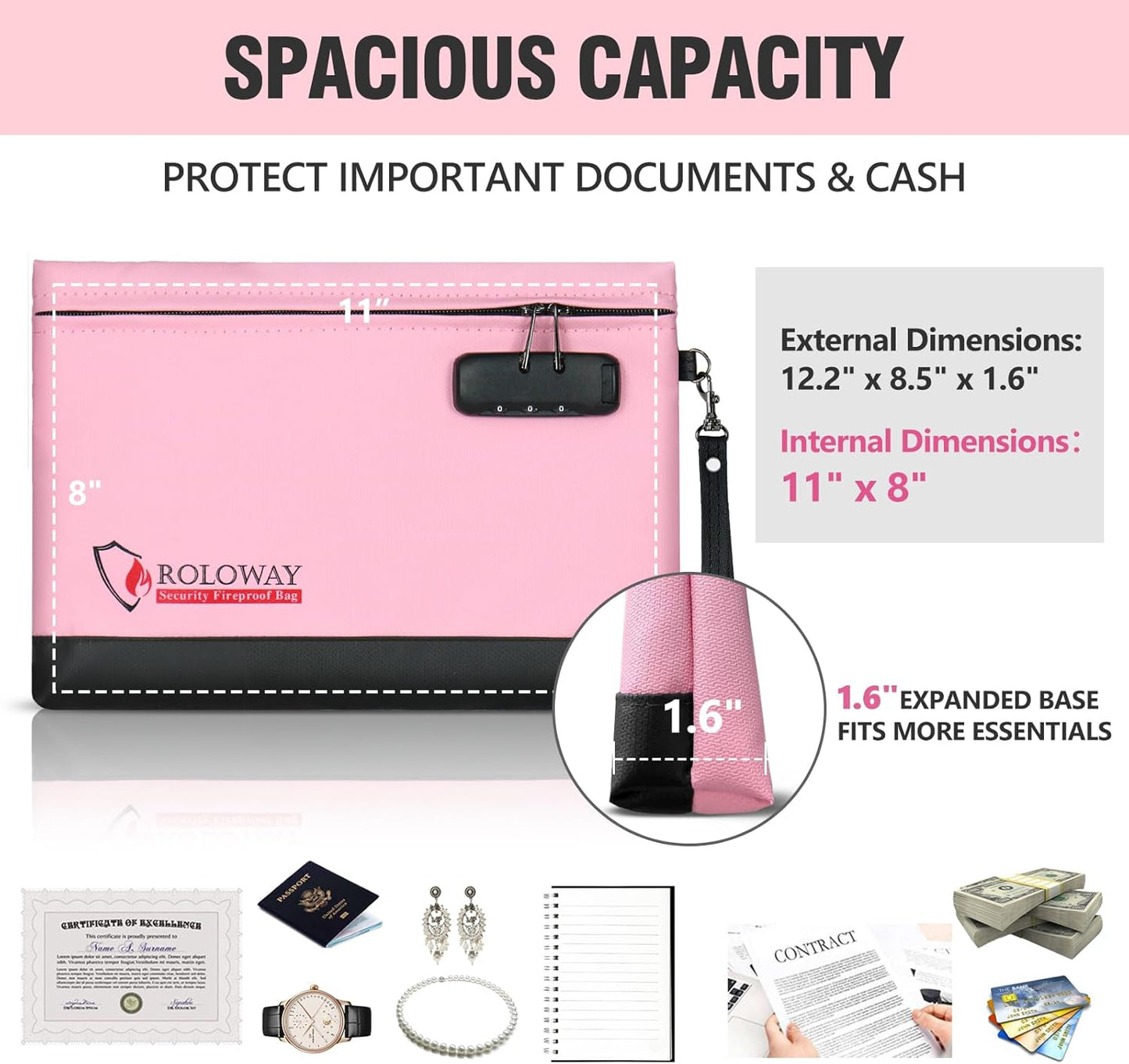 ROLOWAY Fireproof Money Bag with Lock for Cash, 6400°F Fire Proof Document Bag (12.2 x 8.5 x 1.6 inches), Money Pouch with Zipper (Pink)