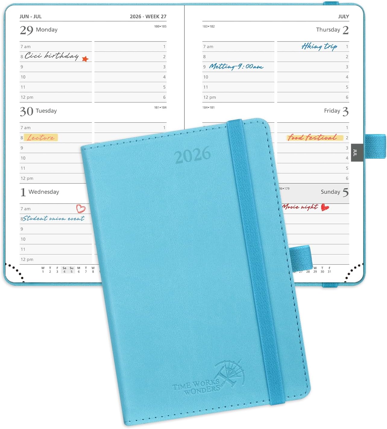 POPRUN Pocket Calendar 2026 (Small Size- 4'' x 6.25") Weekly and Monthly for Purse - Planner 2026 (Jan. 2026 - Dec. 2026) with Vegan Leather Soft Cover, Plastic Ruler, Pen Holder and More - Blue Green