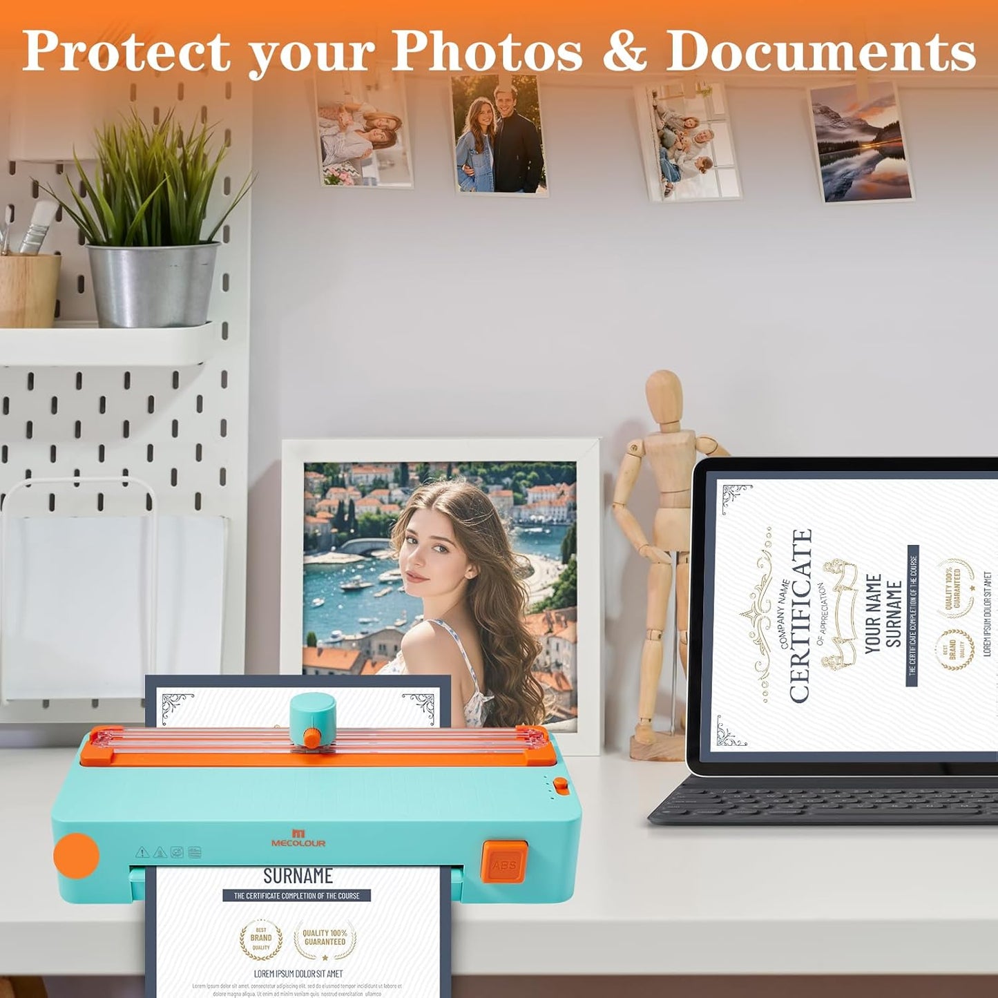 MECOLOUR Thermal Laminator Machine,3-in-1 Laminator with Built-in Paper Trimmer,Hole Punch & Corner Rounder,A4 Laminating Machine Fast 3-Min Warm-Up,Ideal for Teachers,Offices,Business or Home 110V