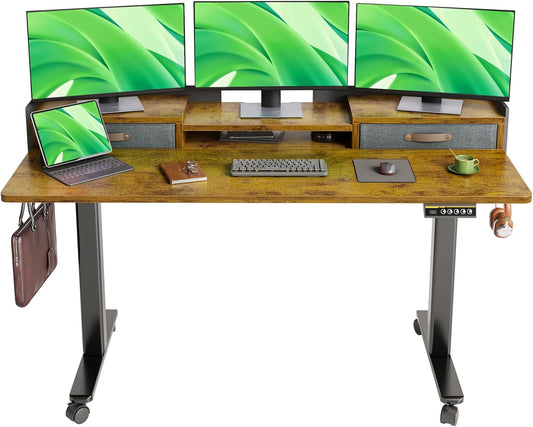 Claiks Standing Desk with Drawers, Adjustable Stand Up Electric Standing Desk Adjustable Height with Storage Shelf and Splice Board, 59 Inch, Rustic Brown